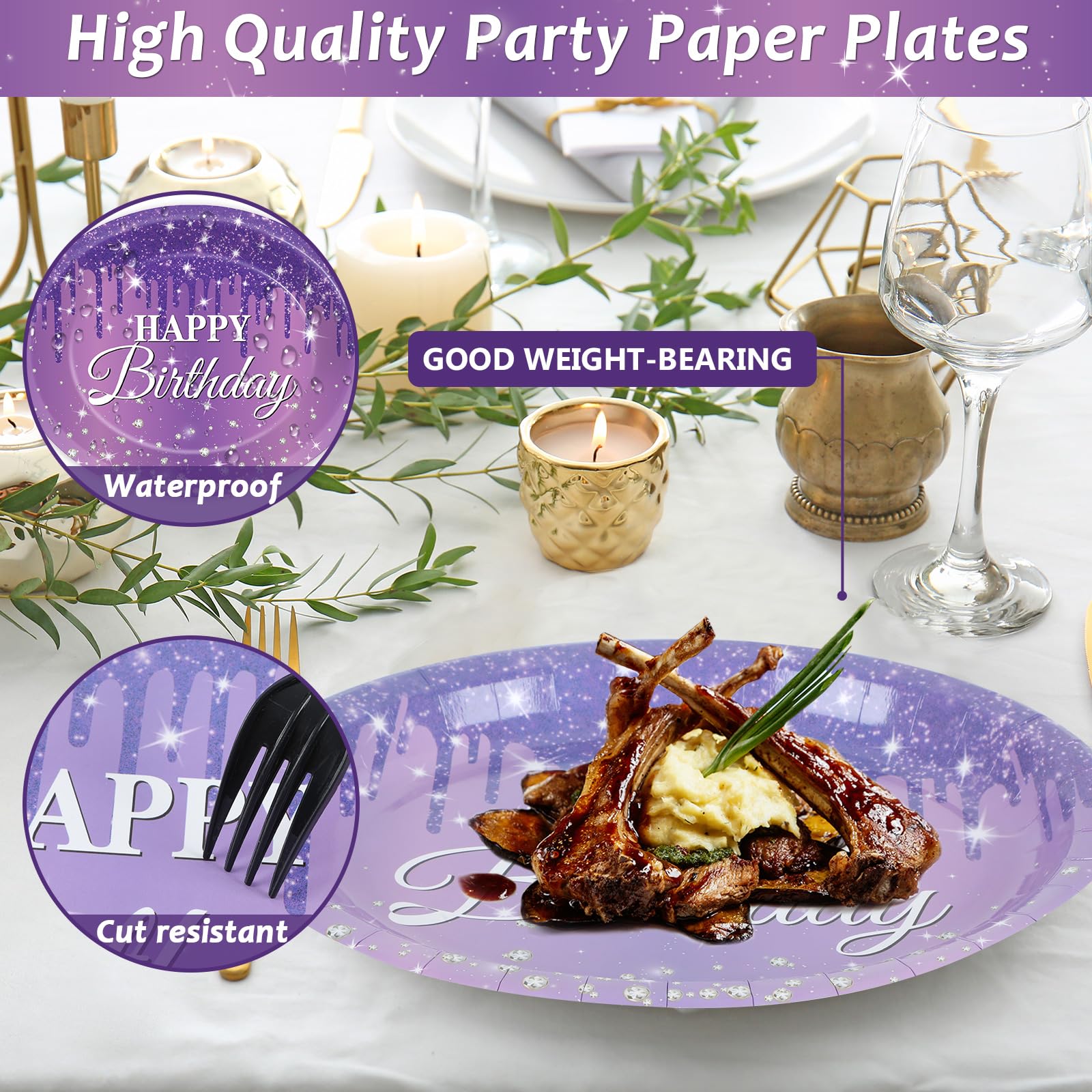 50 platos de papel ovalados de cumpleaños morados y plateados de 11 pulgadas, platos grandes de diamantes con purpurina, decoración de fiesta de cumpleaños, bandeja resistente para niñas y mujeres