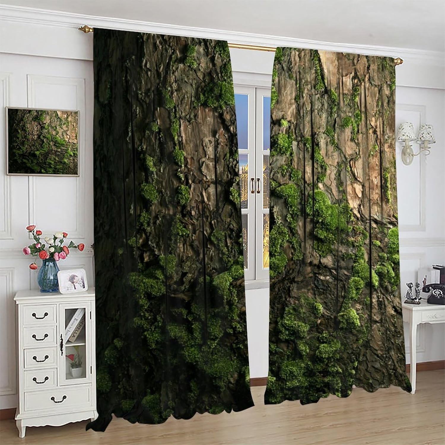 Brown Tree Bark Retro Curtains Green Natural Plant Moss Rustic Country Old Trunk Wood Art Print Blackout Window Treatment for Bedroom Kitchen Living Room Home Decor Window Drapes 42"W X 63"L