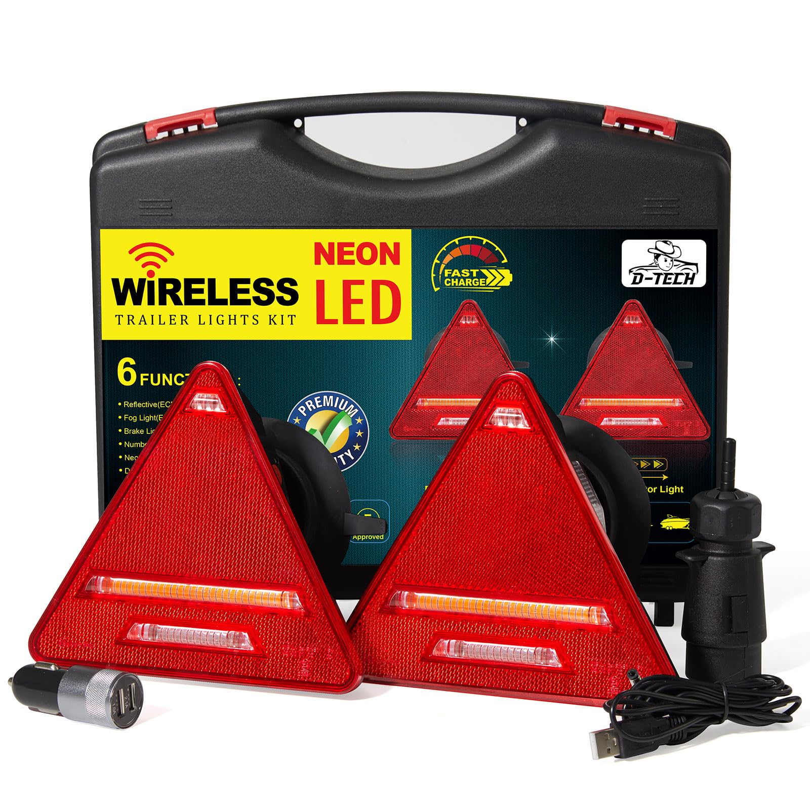 D-TECHMagnetic Triangle Wireless LED Trailer Rear Lights Set, 12 V 24 V Wireless Dynamic Rear Lights with Magnet, Wireless Lighting LED Set, LED Truck Rear Lights ECE R10 EMC Approved