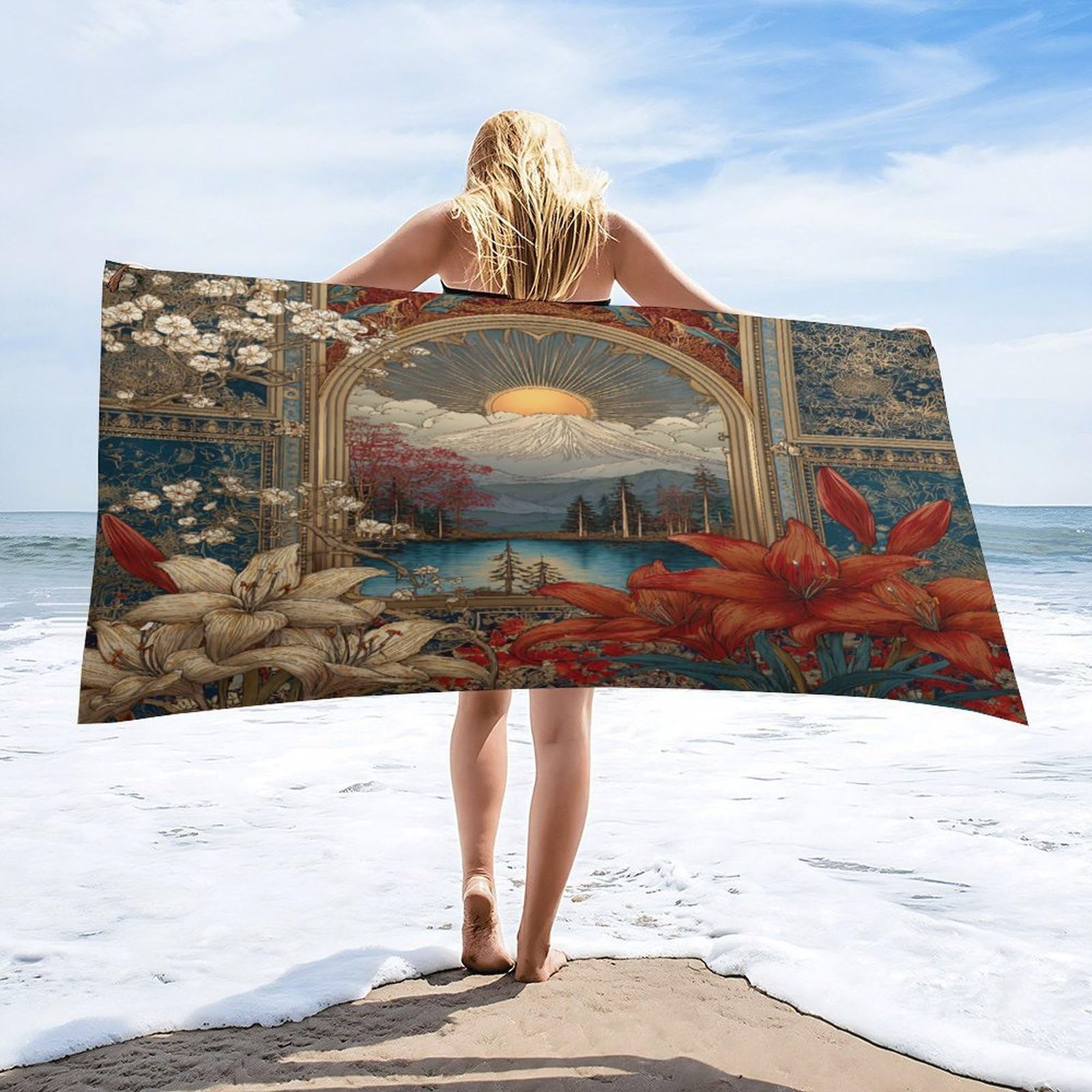 LUYYSKY Fantasy Boho Sunset Landscape Absorbent Beach Towel, Antique Watercolor Mountain Lake Plant Lily Flowers Outdoor Single-Sided Velvet Beach Towel-80 W cm x 160" L cm