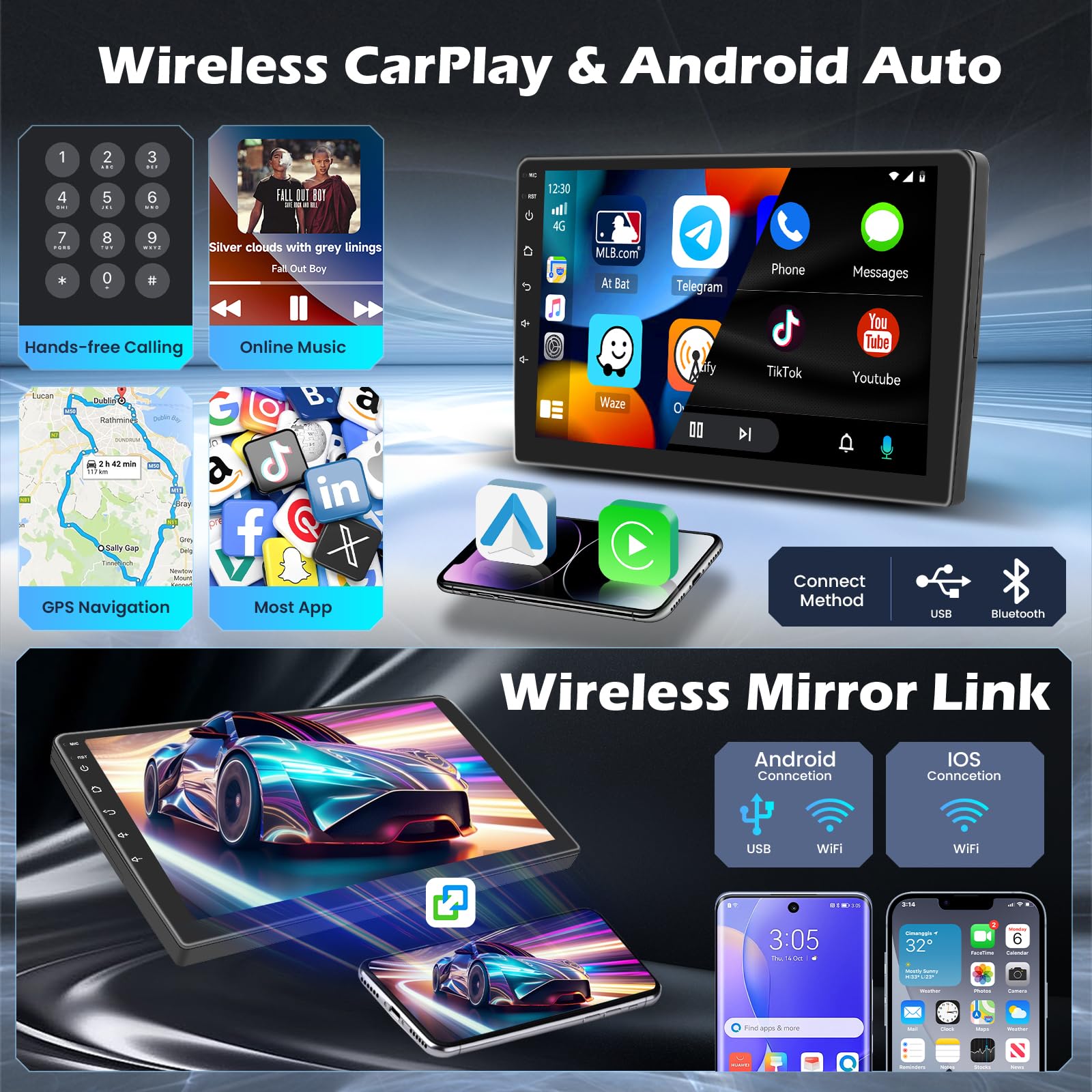Android 15 Car Stereo For BMW 3 Series (2005-2011) - 9" Touch Screen With Wireless CarPlay & Android Auto - 2GB RAM + 64GB ROM - GPS Navigation