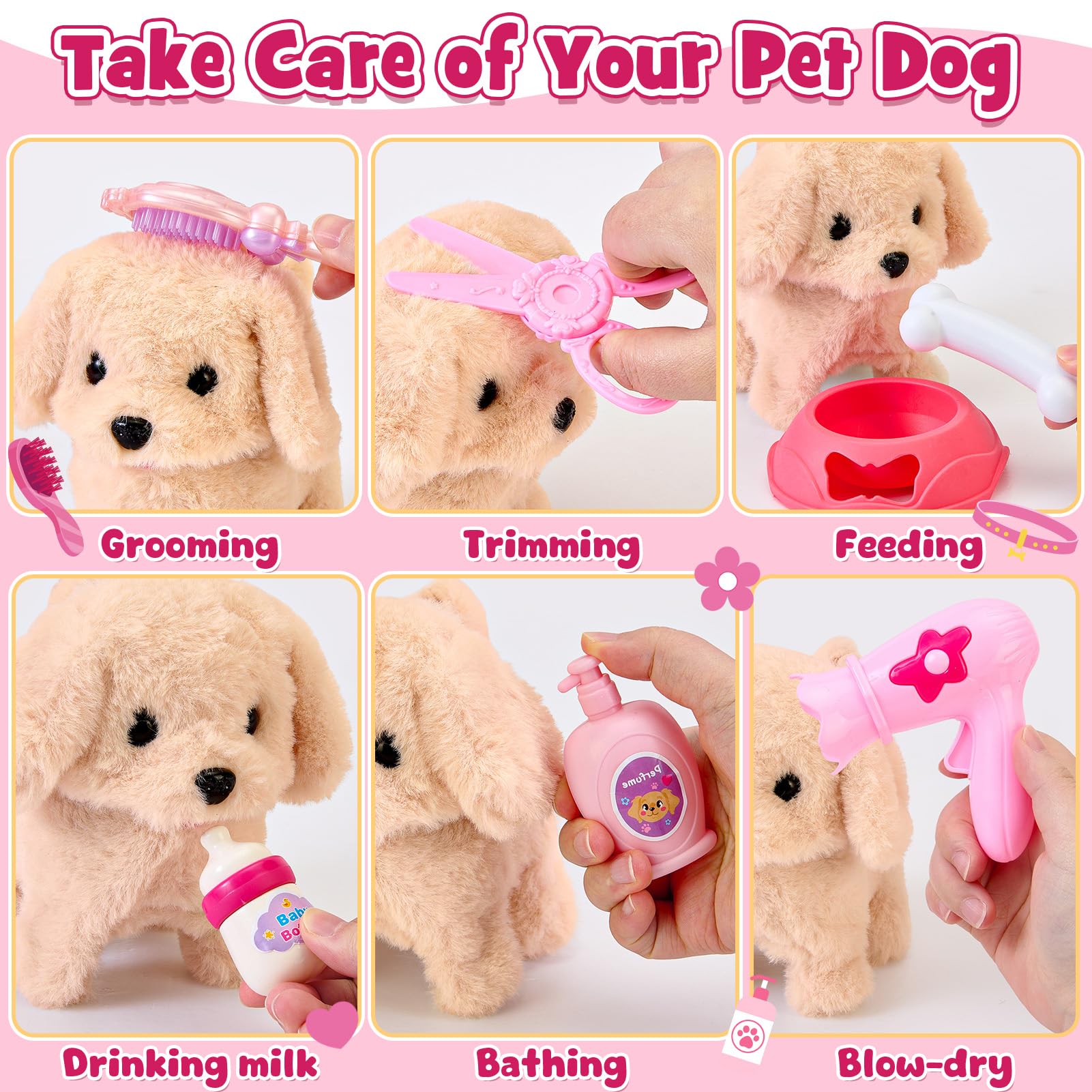 Chien Jouet Enfant Chien Interactif Electronique Qui Marche et Aboie avec Poussette Jouet, Peluche Chien Interactif Réaliste Jeu De Rôle Nourrir Baigner Anniversaire Noël Cadeau pour Fille Enfant