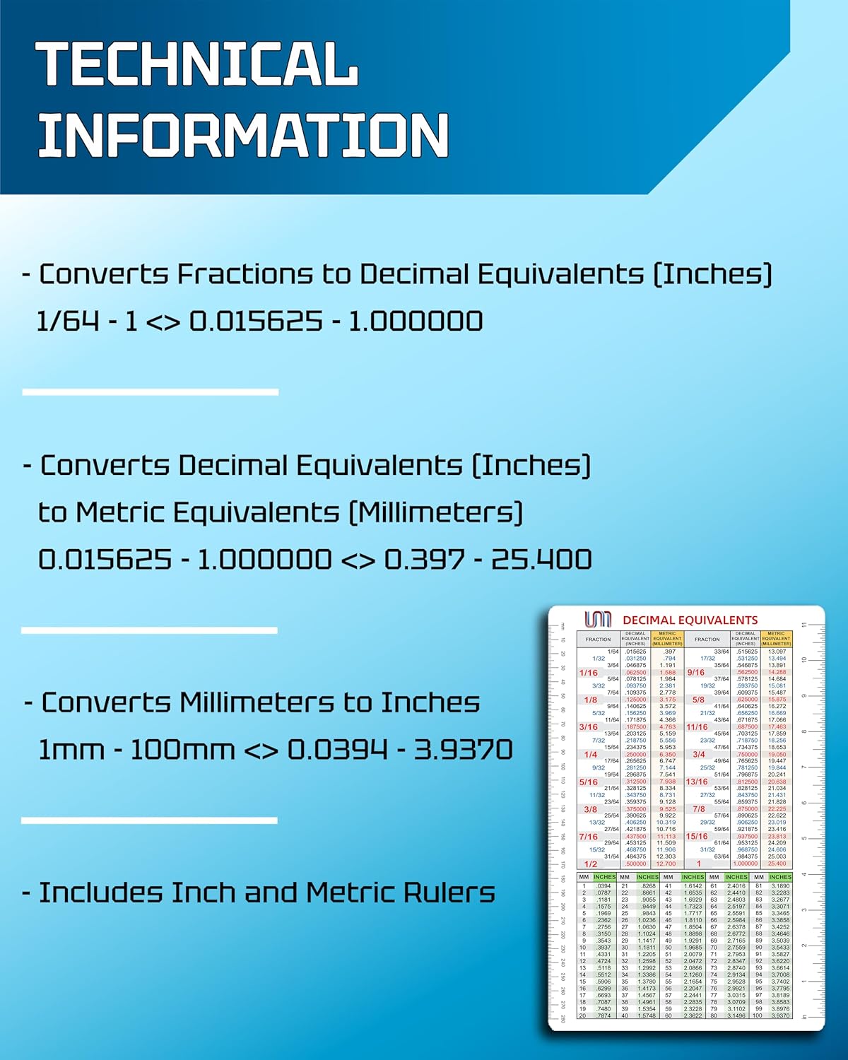 Useful Magnets Decimal Equivalent Conversion Chart | Flexible Magnet for Fractions, Decimals, and Millimeters | Waterproof Reference Chart for Workshop, Garage, or Classroom | 8" x 12" (20cm x 30cm)