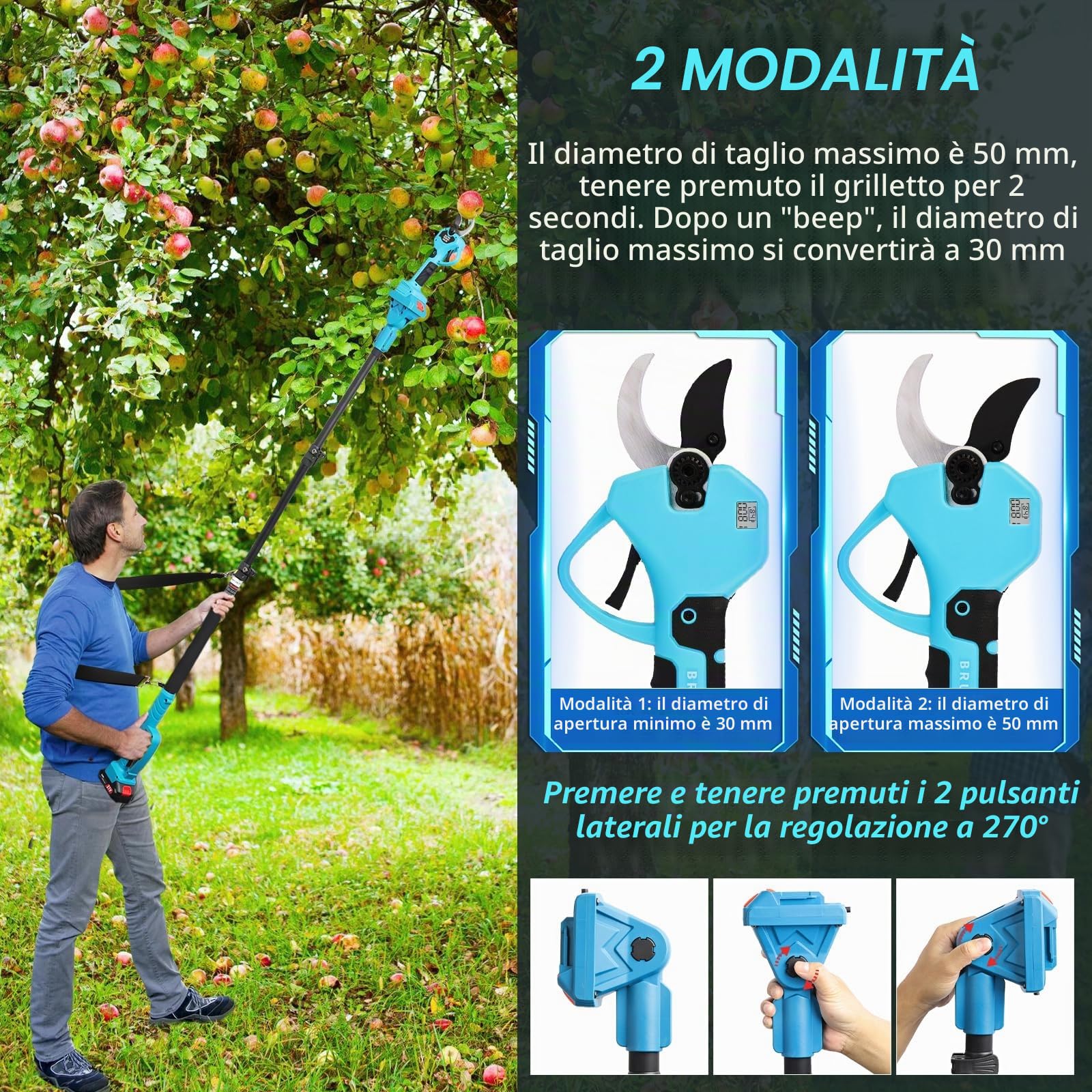 Forbici Potatura Elettriche con Asta Telescopica 2M, 50mm SK5 2000mAh | Taglio da altezza regolabile, display LED, sistema di sicurezza,per frutteti, ulivi, vigneti e giardini