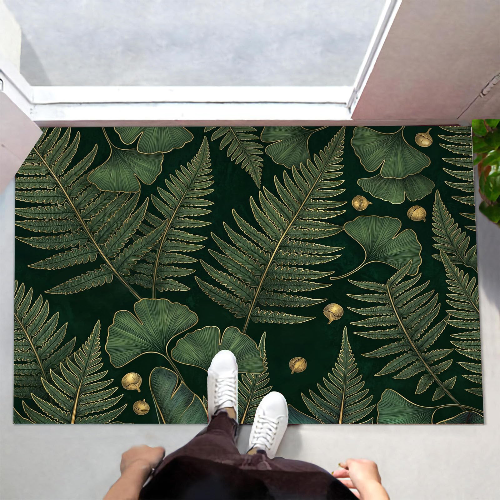 Felpudo Ultrafino para Interiores, 80X120Cm, Helechos De Lujo Alfombra Antideslizante Lavable para Entrada, Textura De Hoja Retro Felpudo De Perfil Bajo, Atrapa Suciedad, Verde Oscuro