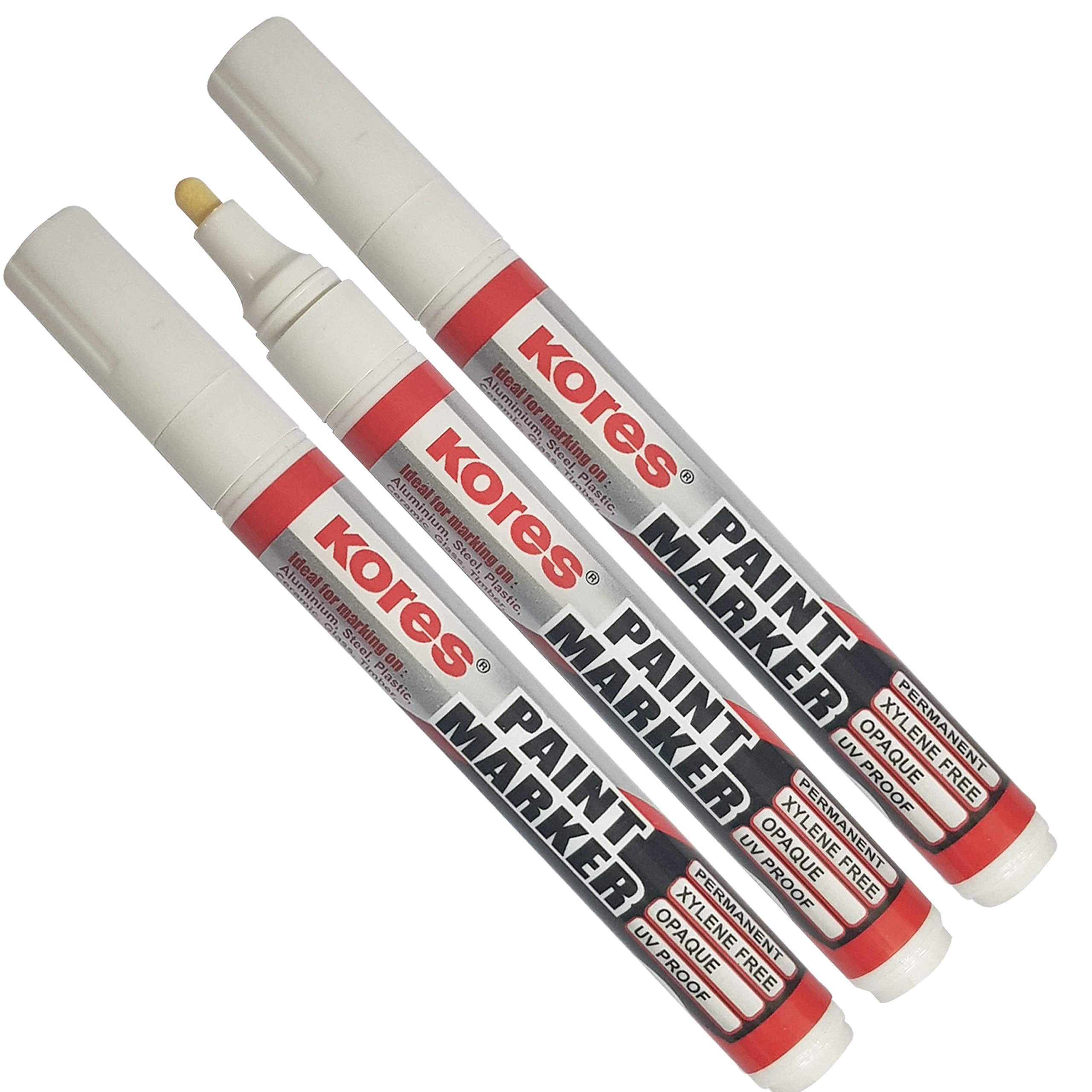 Kores Paint Permanent Marker, WHITE, Pack of 3, UV Proof, Opaque Ink, Aluminium Steel Plastic Ceramic Glass Stone Rubber Use, PATEL Black Ball Pen