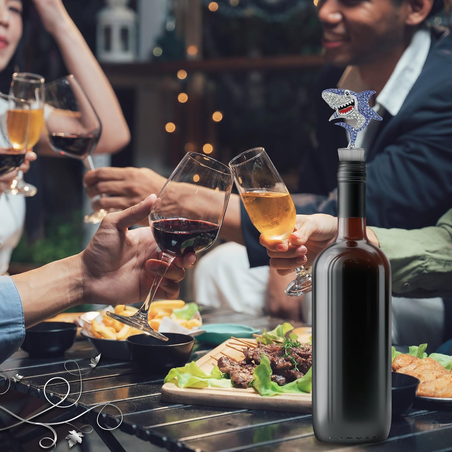Cheers Silver Shark Wine Bottle Stopper with Rhinestone Crystals - Cute Sparkling Ocean Seal Topper for Wine Bottles, Unique Bar Gifts for Women and Men