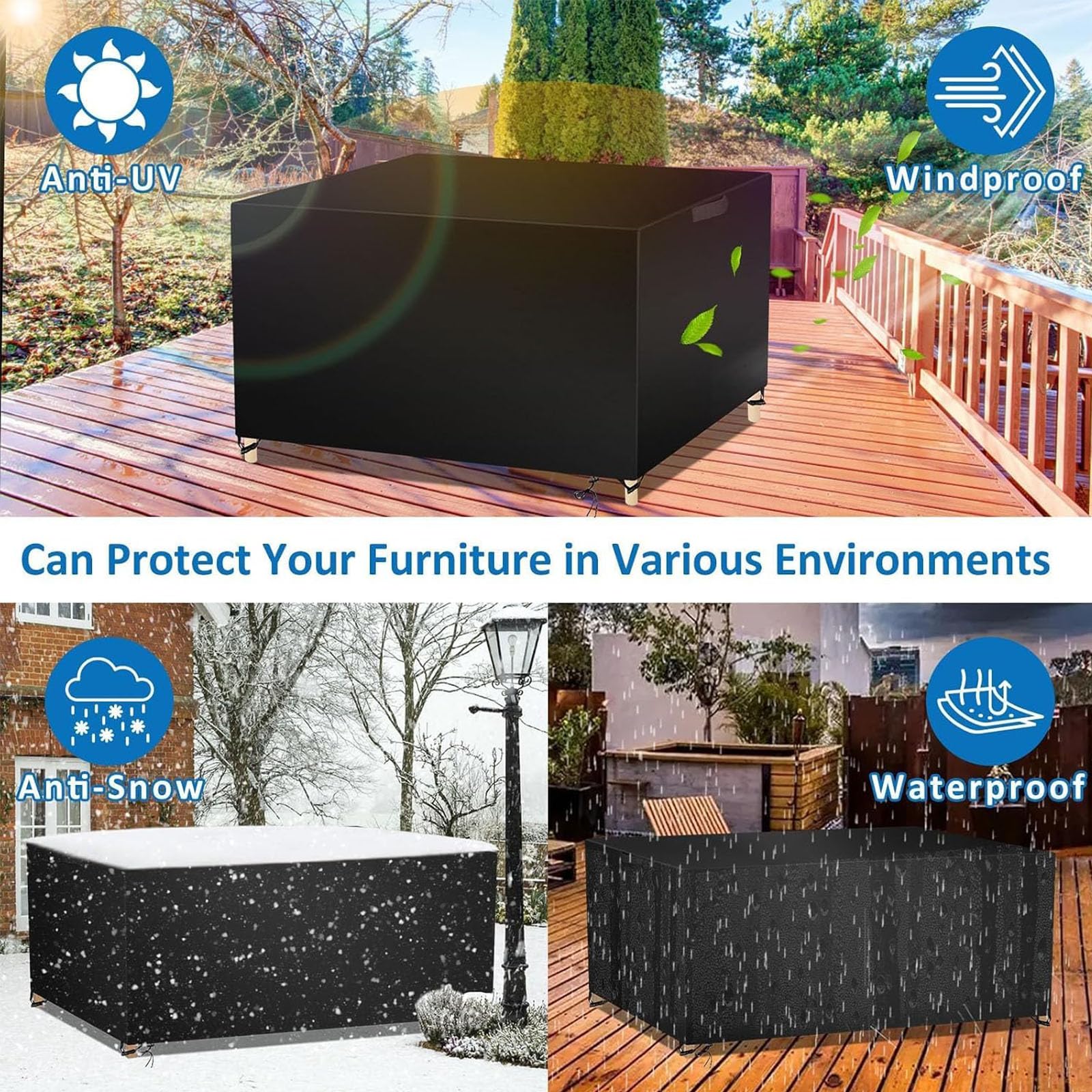 200 x 160 x 110 cm, copertura impermeabile per mobili da giardino, in Oxford 420D, anti-UV, resistente agli strappi, per divano da esterno, rettangolare, fibbie, coulisse, nero