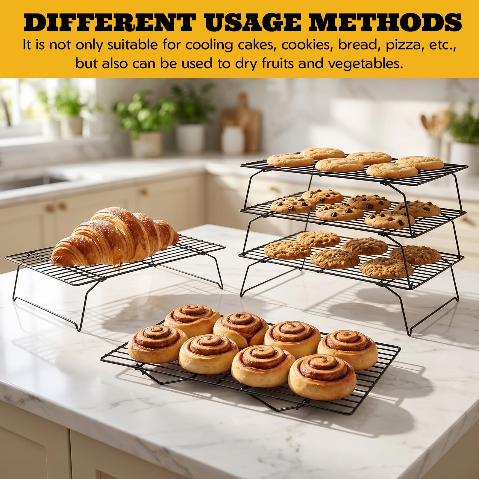Grille de Refroidissement Pâtisserie 40×25×7,5 cm Acier au Carbone Antiadhésive Pliable Empilable