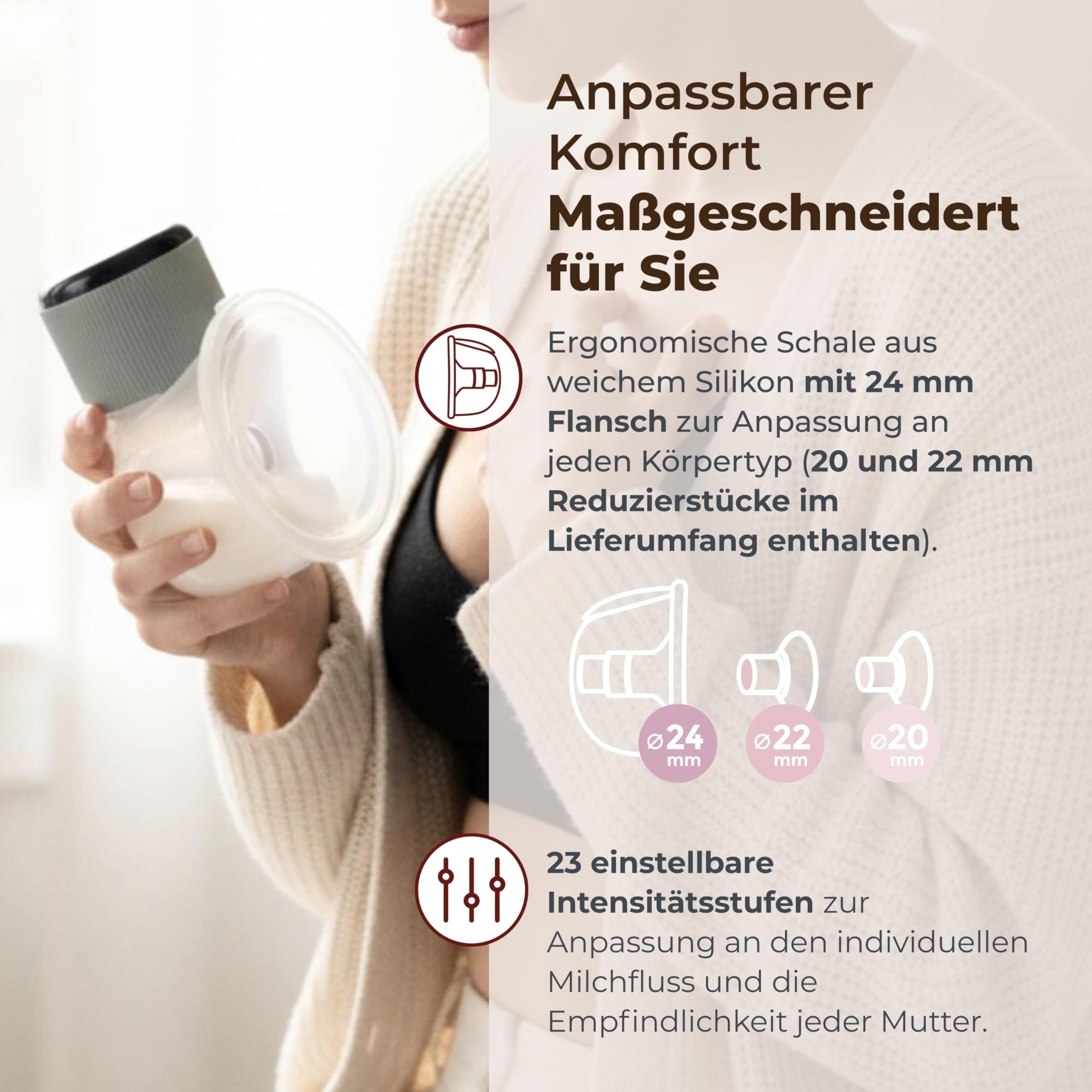 Nuvita 1260W Tragbare elektrische Milchpumpe, 3 Stufen – tragbar mit wiederaufladbarem USB-C-Akku, Anti-Stasis-Funktion, ideal für flache/eingezogene Brustwarzen, 24-mm-Silikon-Brustglocke