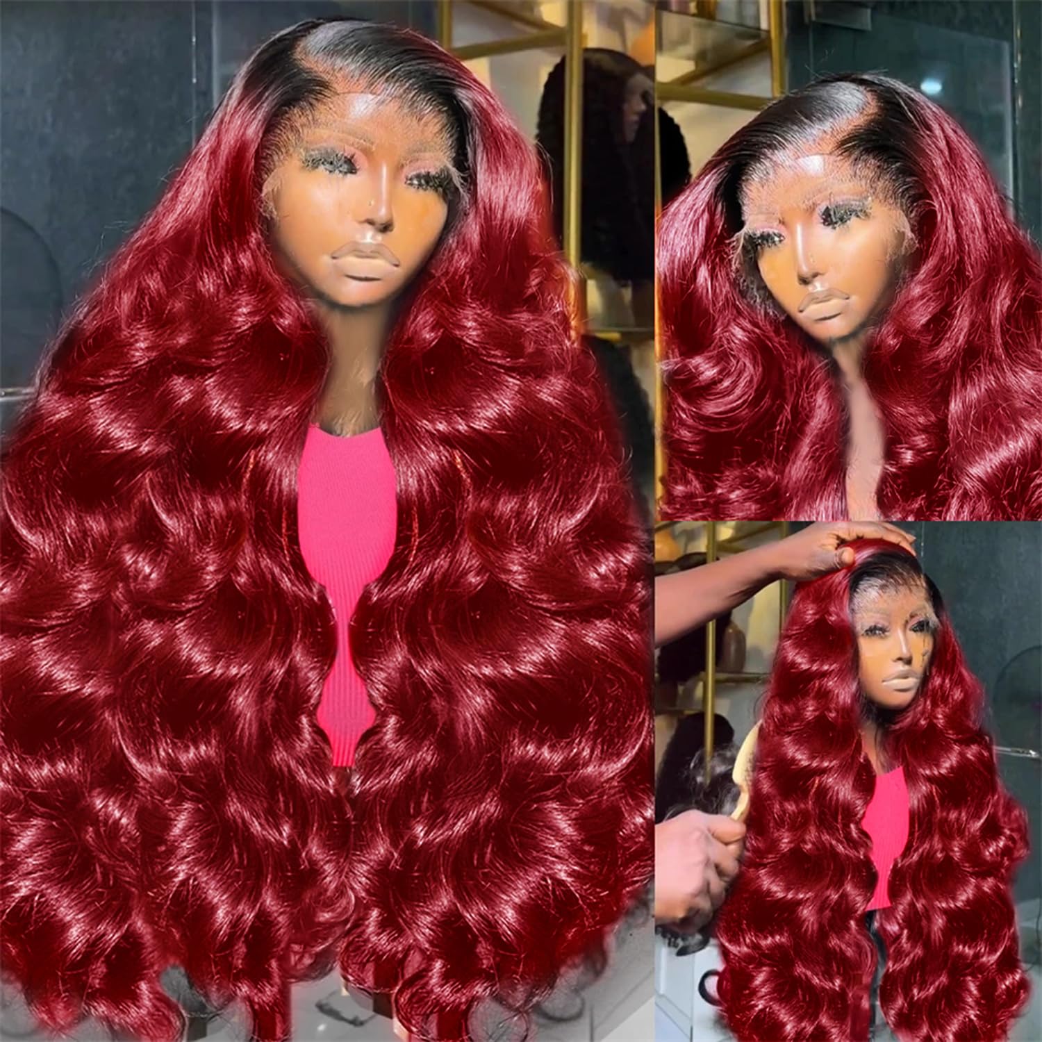 AMIRTY 250 Density Burgundy Lace Front Wigs Human Hair 13x6 HD Transparent Body Wave Lace Front Wigs Human Hair Pre Plucked 1B/99J Burgundy Red Wine Glueless Human Hair Wigs for Women 34 Inch