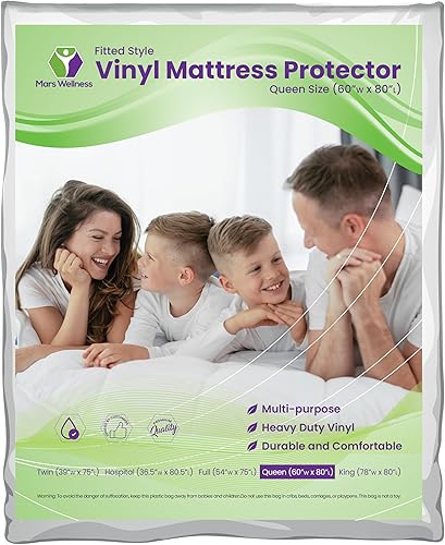 Mars Wellness Protector y funda de colchón de vinilo impermeable, sábana bajera de color blanco, 1 paquete, tamaño Queen