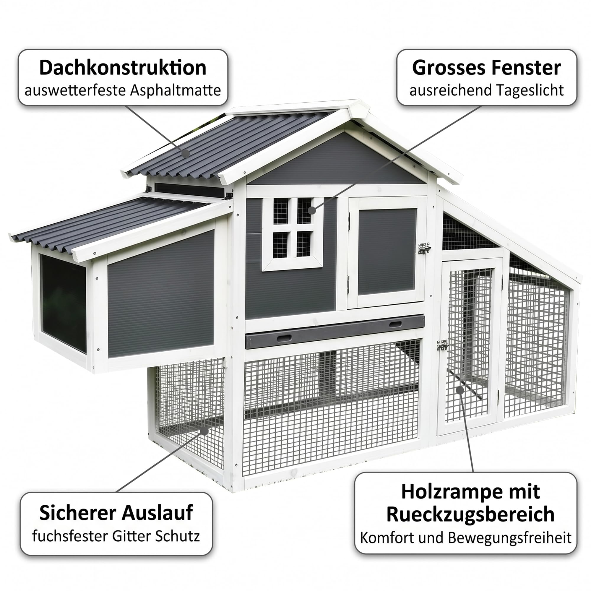 Mucola Hühnerstall Hühnerhaus mit Legenest und Auslauf 176x102x66 cm Holz | Herausnehmbare Kotschublade mit Zinkblech, Eiablage außen zugänglich, wetterfest imprägniert, Weiß-Grau, Geflügel, Hasenstall