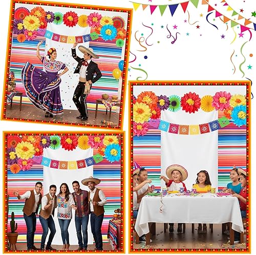 Miniatura 7 de Juego de 17 piezas de decoración de fiesta mexicana, flores de papel mexicano, fiesta con volantes, telón de fondo de papel picado, decoración de