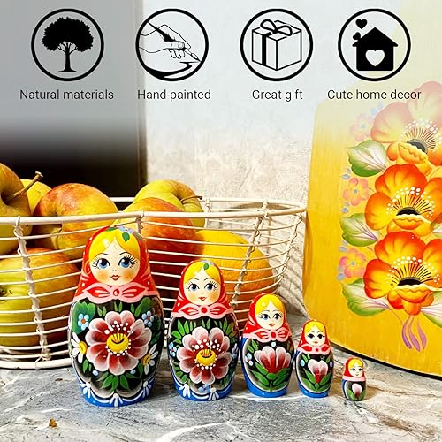 Miniatura 4 de AEVVV Juego de 5 muñecas nido rusas tradicionales  Muñecas nido Babushka hechas a mano con flores  Muñeca Matryoshka con decoraciones de flores