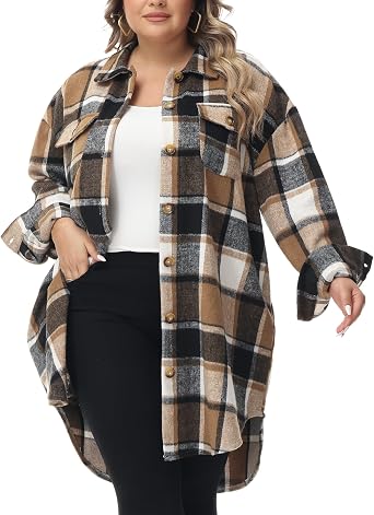 URBEST Womens Oversized Plaid Shacket | Soft Brushed Fabric | Casual Layering Top, Knee Length/Plus Size/Cropped
