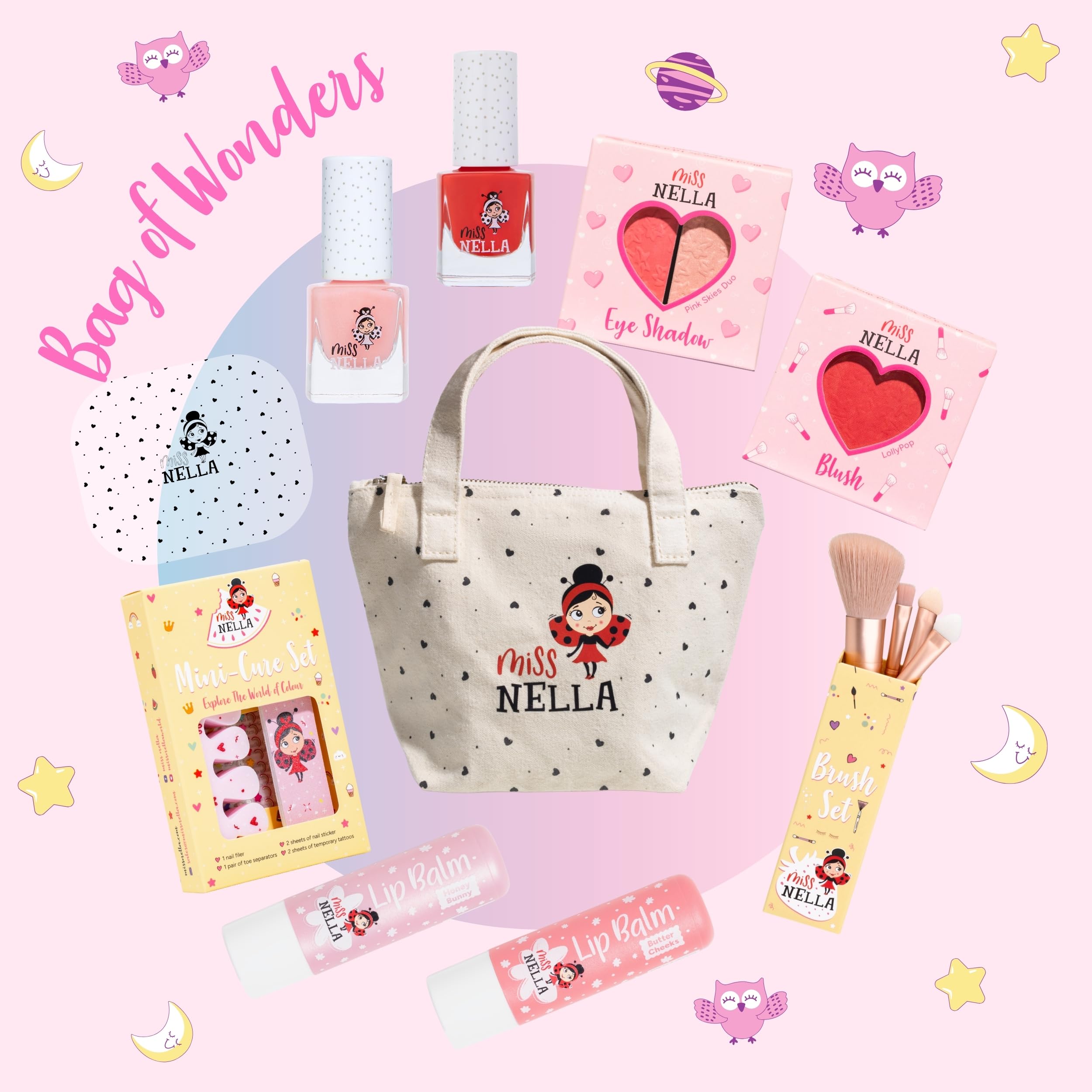Miss Nella Set di trucchi e smalti per bambini per bambine, ipoallergenico, dermatologicamente testato, non tossico, borsa cosmetica in tela, sicura e divertente (Bag Of Wonder)