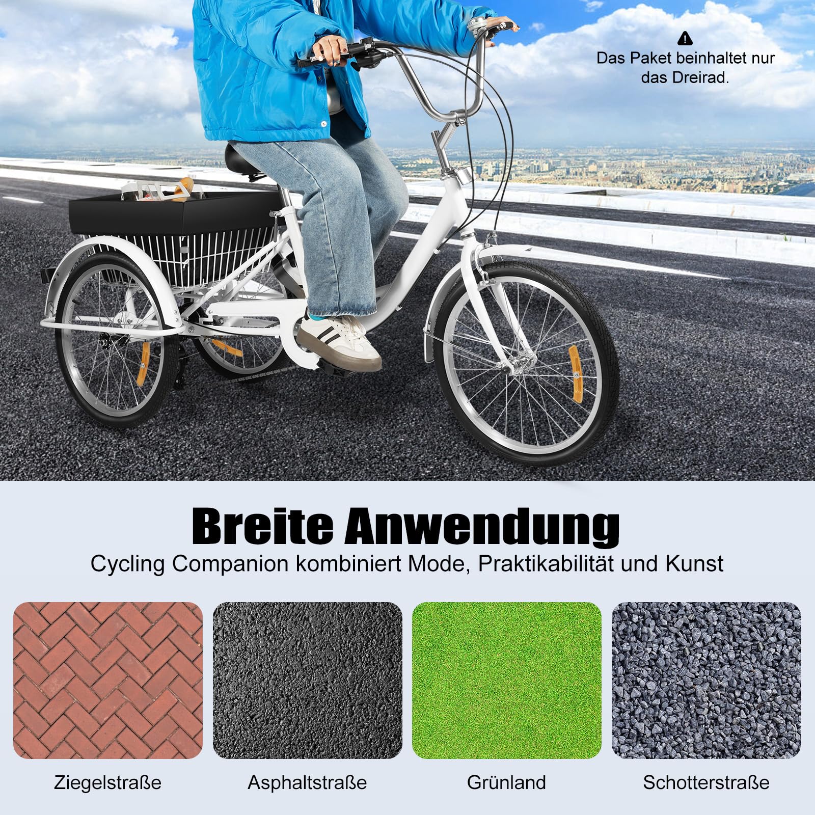Triciclo de 20 pulgadas, bicicletas de tres ruedas con cesta plegable, 8 ajustes de velocidad, triciclos para hombre, triciclo para compras, ciudad, ocio, color blanco