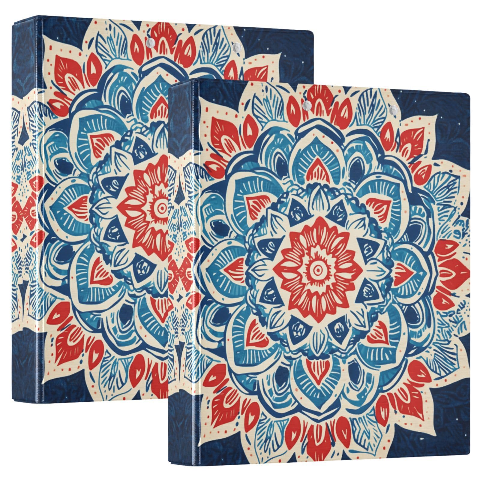 Confezione da 2 raccoglitori a 3 anelli, motivo floreale mandala, 3,8 cm, con 3 tasche trasparenti, portablocco e contiene 200 fogli, per ufficio, scuola, organizzazione della casa