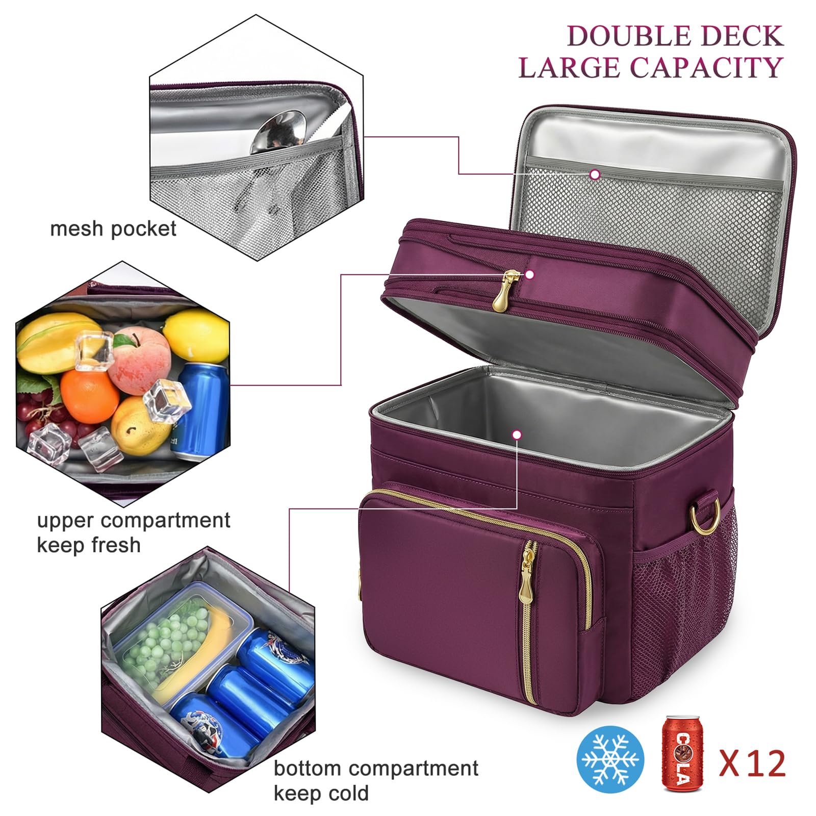 MIYCOO Borsa termica per il pranzo e portapranzo, per donne e uomini, a doppio strato, a prova di perdite, isolata, morbida, per adulti, per lavoro, spiaggia, picnic, viaggi (viola, 15 L) - 4