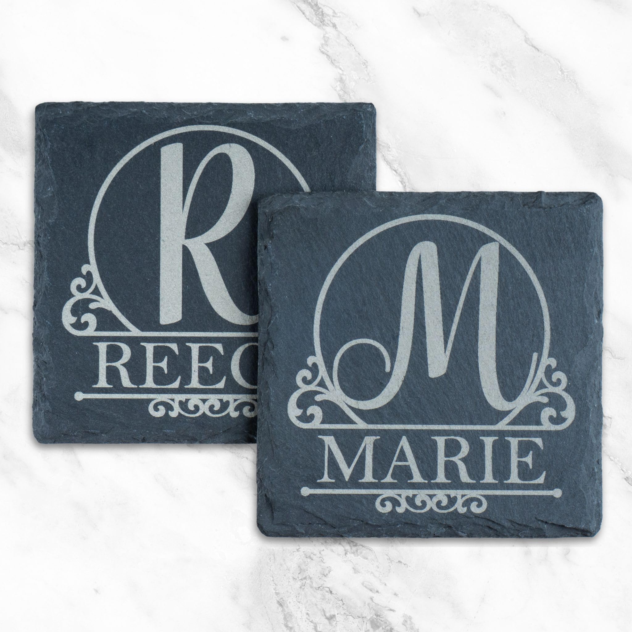 Joyforge Design 1 Personalised Monogram Coaster - Custom Initial & Name Engraved Slate Drink Mat - New Home, Birthday, Wedding Gift For Him, Her, Couple, Dad