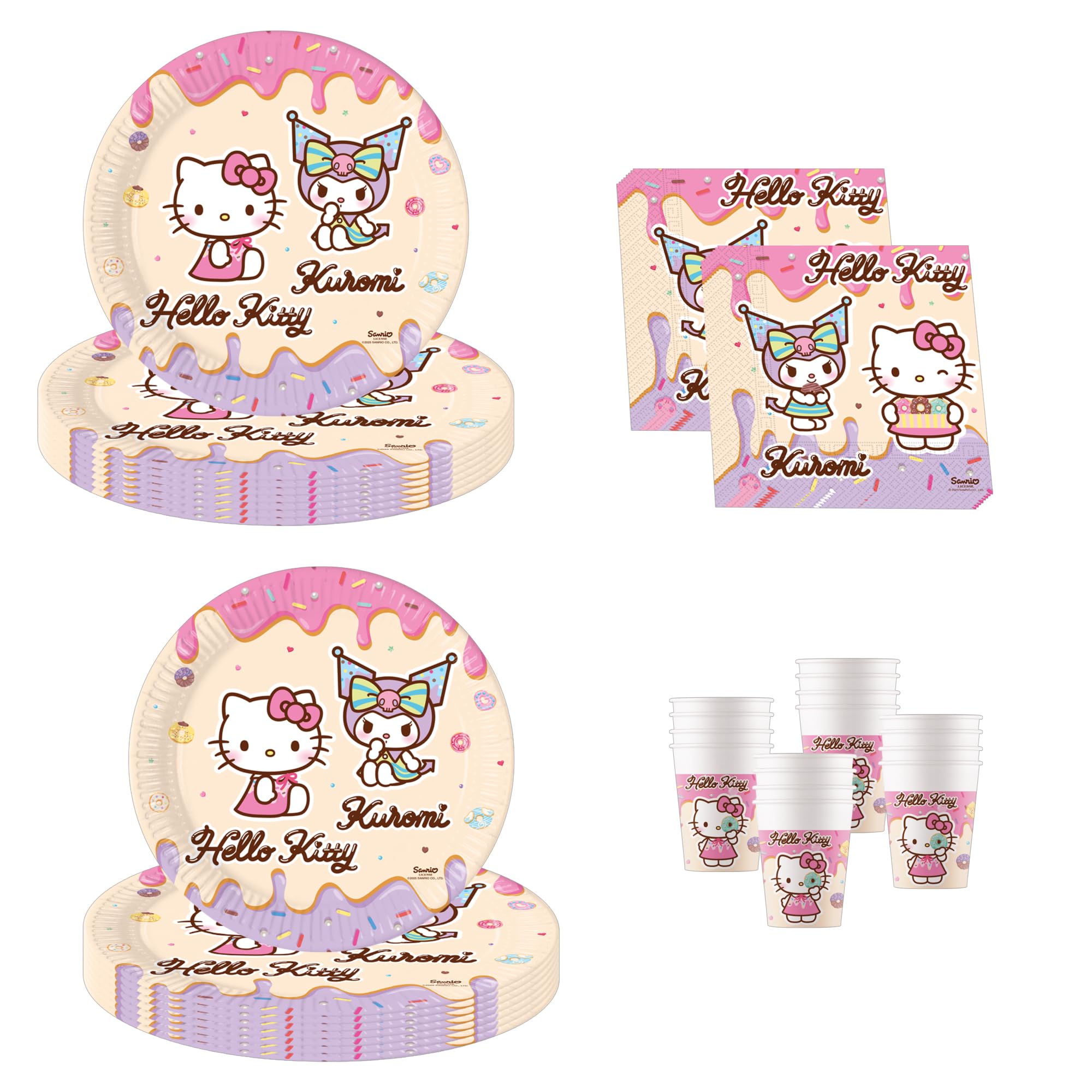 Procos - Hello Kitty & Kuromi Birthday Decoration, 52 Pieces, Paper Plates, Cups and Napkins for Kids Birthday Party Tableware