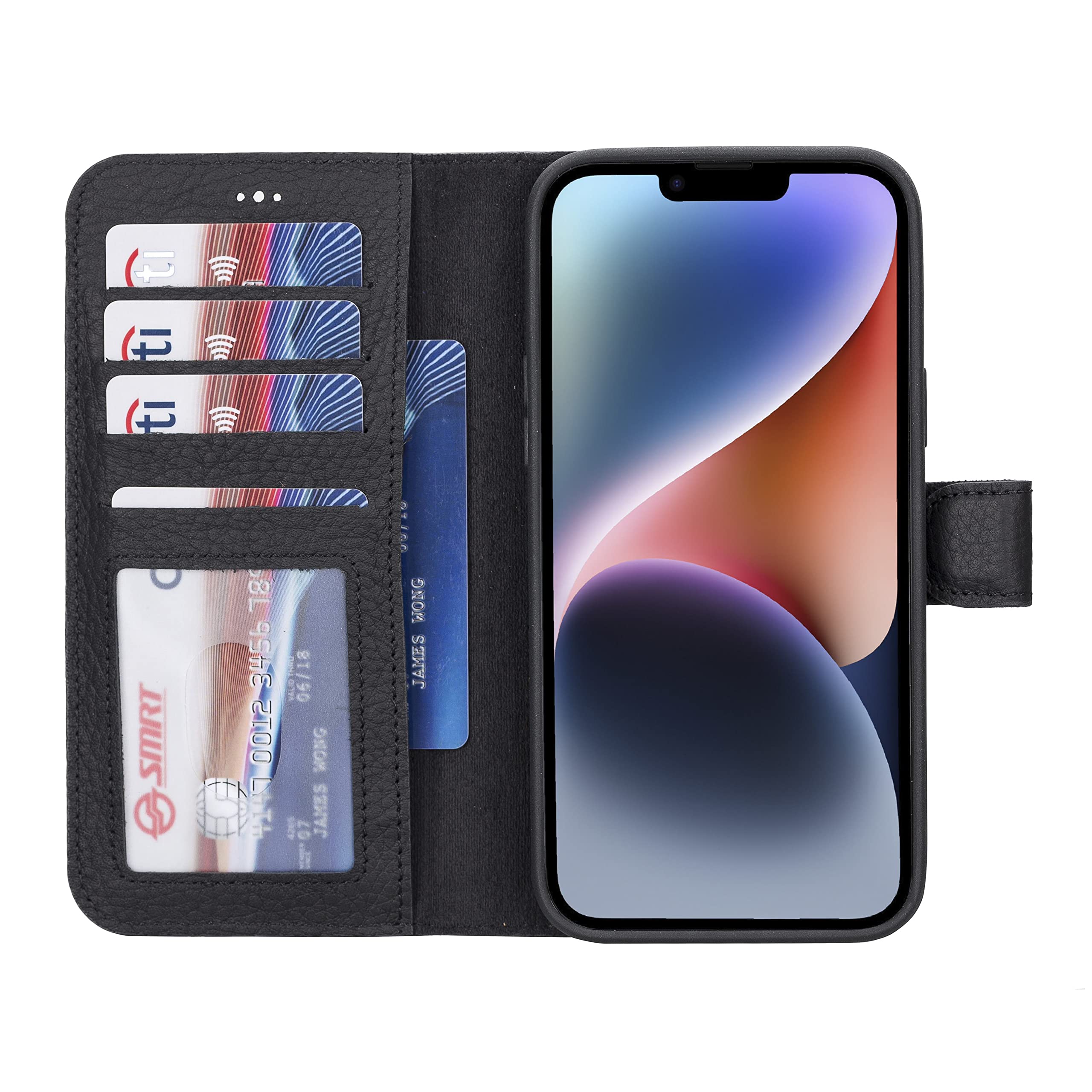 HARDISTON Genuine Premium Leather Handmade Wallet Case for iPhone 14 Plus - MagSafe Compatible - Detachable Magnetic Flip Cover with Card Holders - Horizontal Kickstand (Black)
