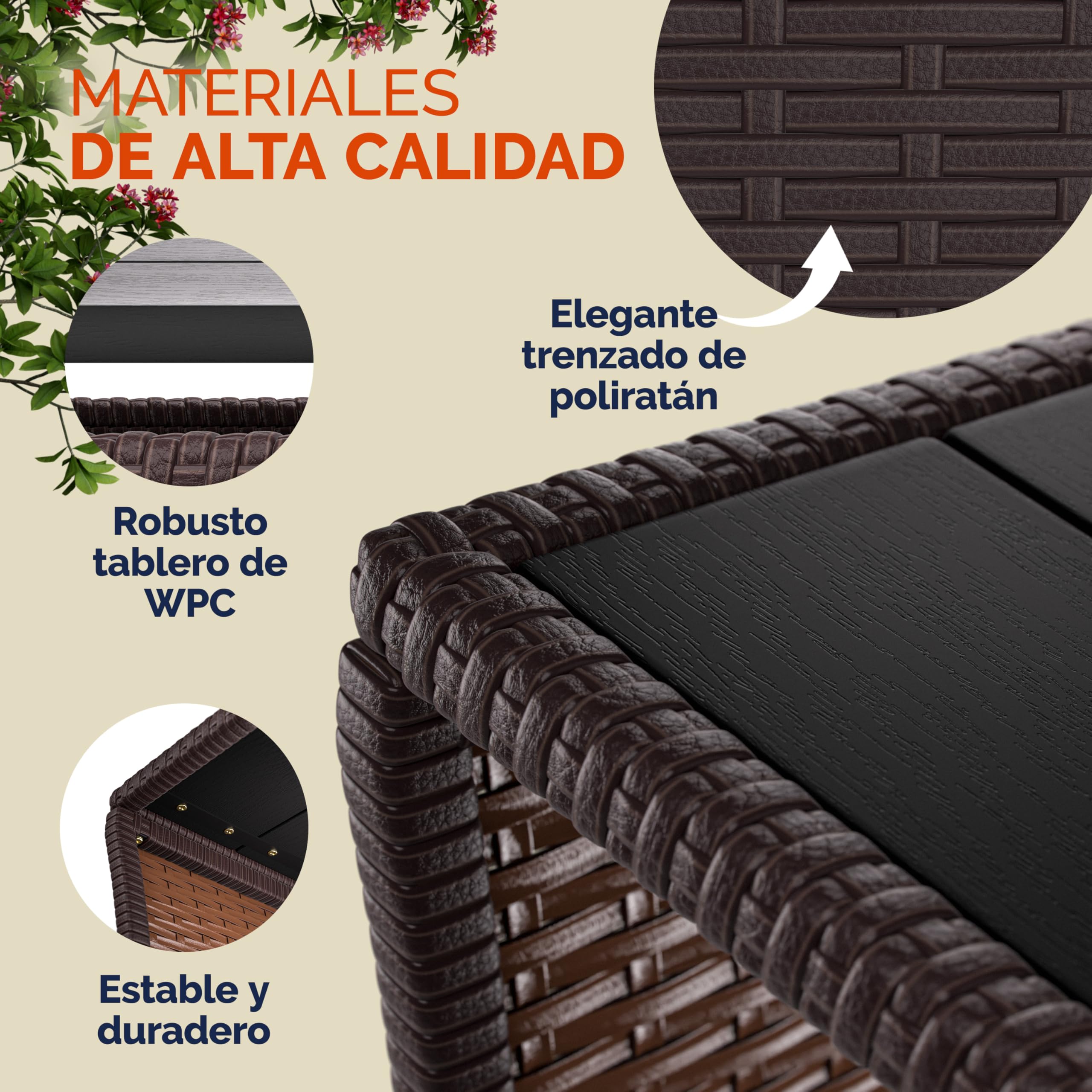 CASARIA Mesita Auxiliar de Poliratán Balcón Jardín 45x45x40cm Tablero WPC Mesa Altura Ajustable Marrón