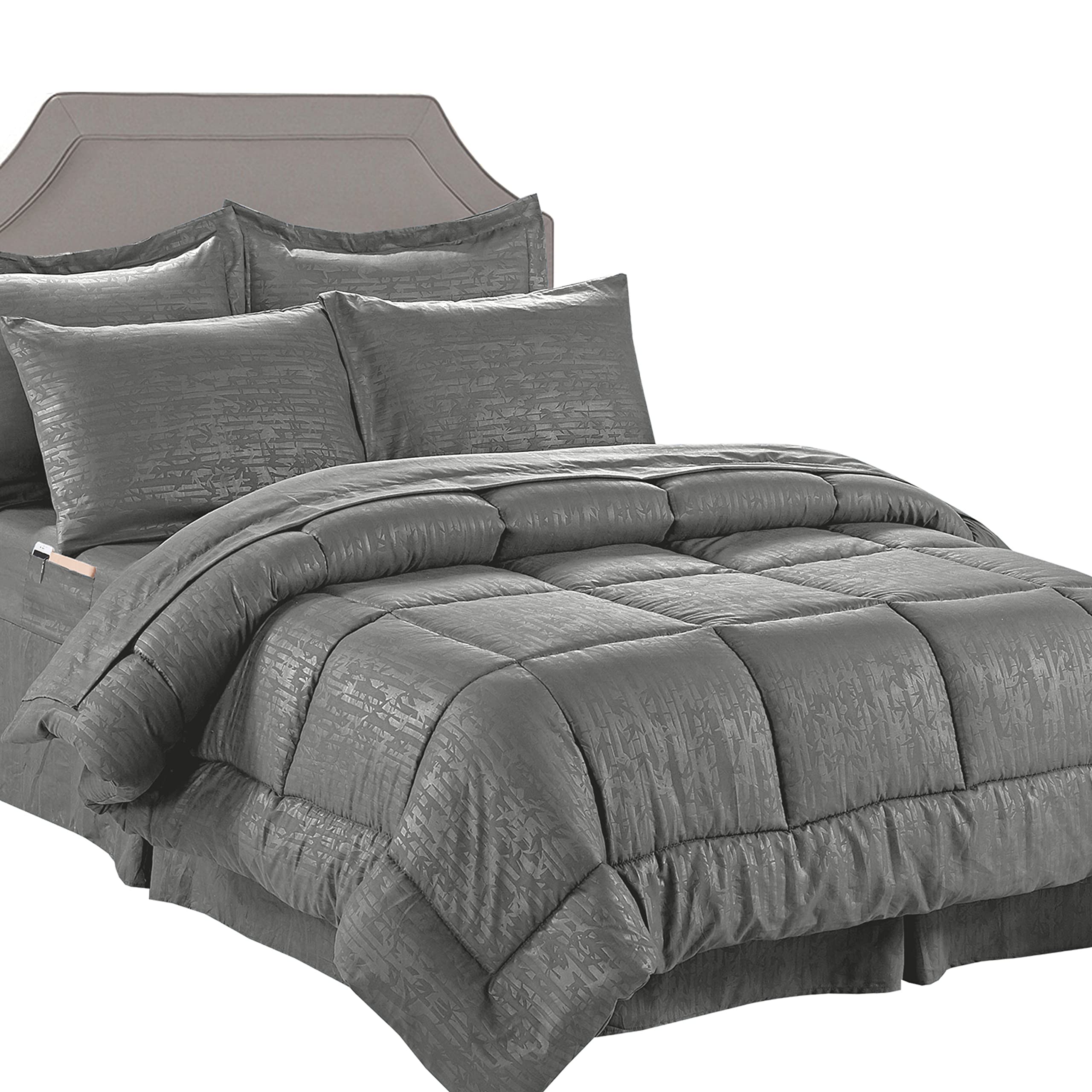 Elegant Comfort Cozy and Soft 8-Piece Bed-in-a-Bag All Season Comforter Set, Includes 4pc Smart Sheet Set, Bed Skirt, Comforter, Matching Pillowcases and Shams, Bamboo Design, King/Cal King, Gray