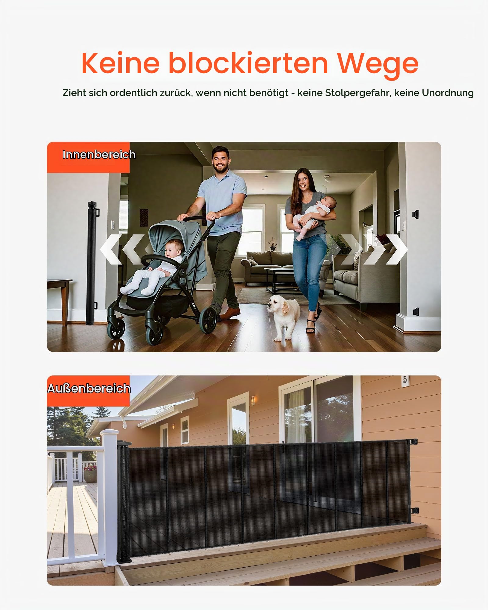 VEVOR einziehbares Babygitter Hundegitter ausziehbar, Treppenschutzgitter mit Sicherheitsschloss, Schutzgitter aus Netzgewebe für Treppen Flure drinnen/draußen