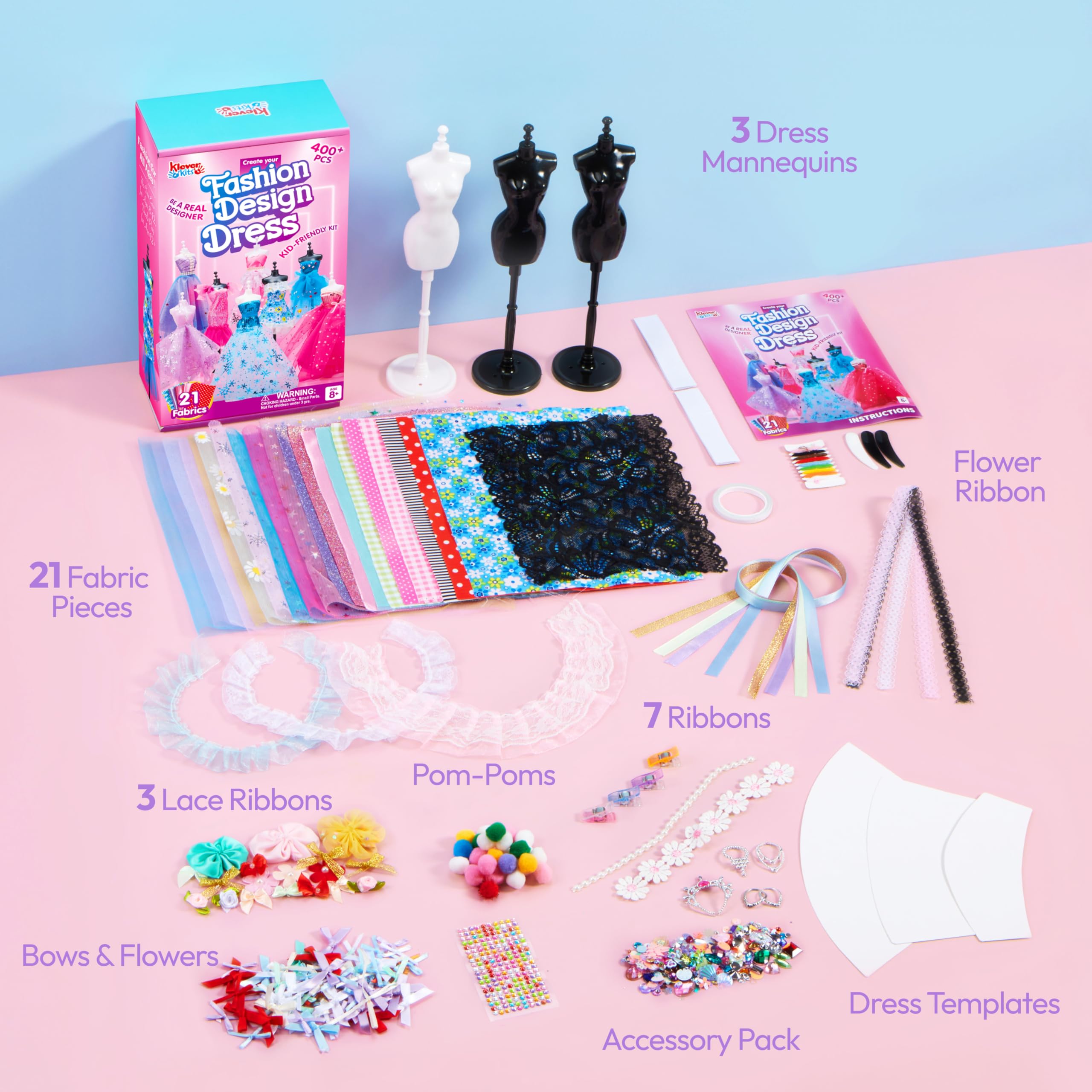 Klever Kits 400+ Stücke Modedesign Mädchen,Fashion Design Basteln Mädchen Nähset Set mit 3 Mannequins,Geschenke Mädchen 8 9 10 11 12+Jahre,Kreativ Set Bastelset für Kinder ab 8+ Jahre