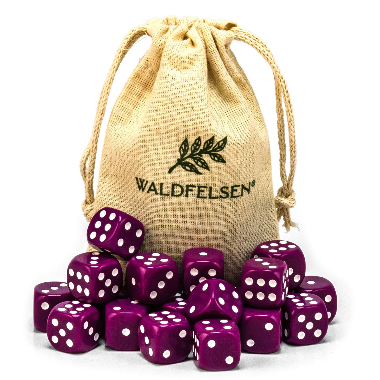 Waldfelsen® Acrylic Dice, 16 mm, Purple, 20 Pieces, Classic Style, Hexahedron Shape, Standard Size, Cotton Fabric Bag — image 1