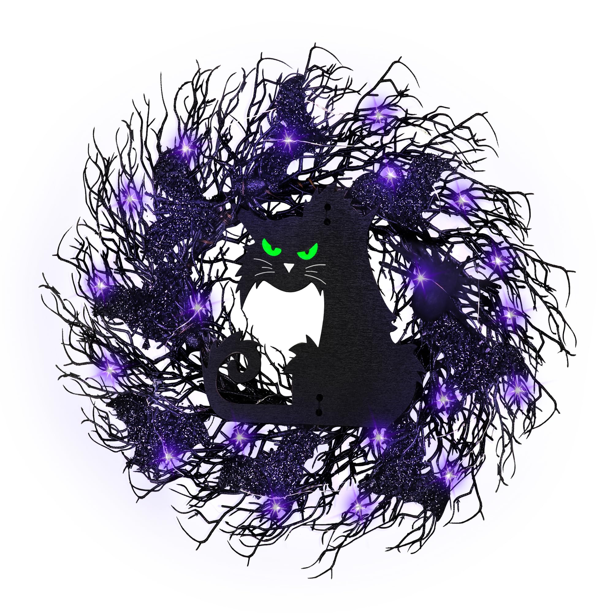 20 Inch Halloween Wreath with 20 LED Purple Lights, Halloween Cat Wreath with Glitter Bats Spiders for Front Door, Battery Operated Halloween Wreath Party Decorations Indoor Outdoor