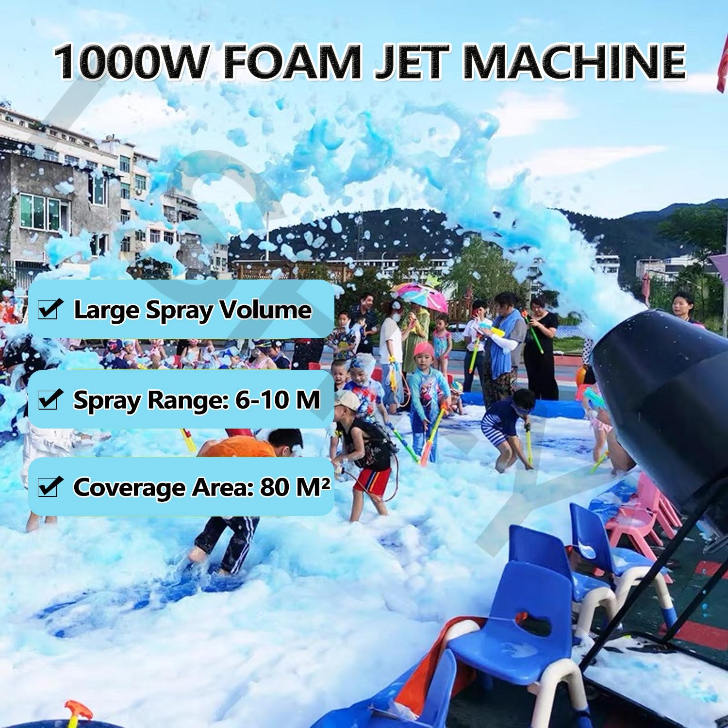 Macchina per schiuma per feste, generatore di schiuma da 1000 W con angolo regolabile, copertura fino a 80 ㎡, ideale per eventi all'aperto e feste estive di nuoto