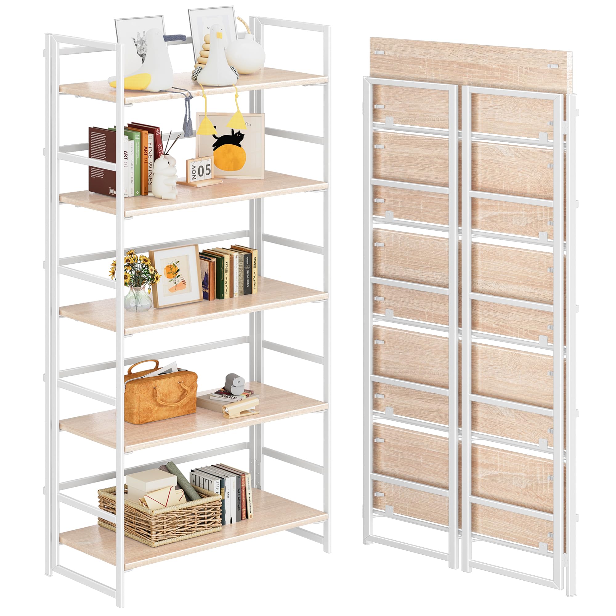 4NM No Assembly 5 Tier Collapsible Book Shelves, 51.2" H x 23.6" W Folding Bookshelf Bookcase Open Industrial Foldable Shelf for Bedroom, Living Room,