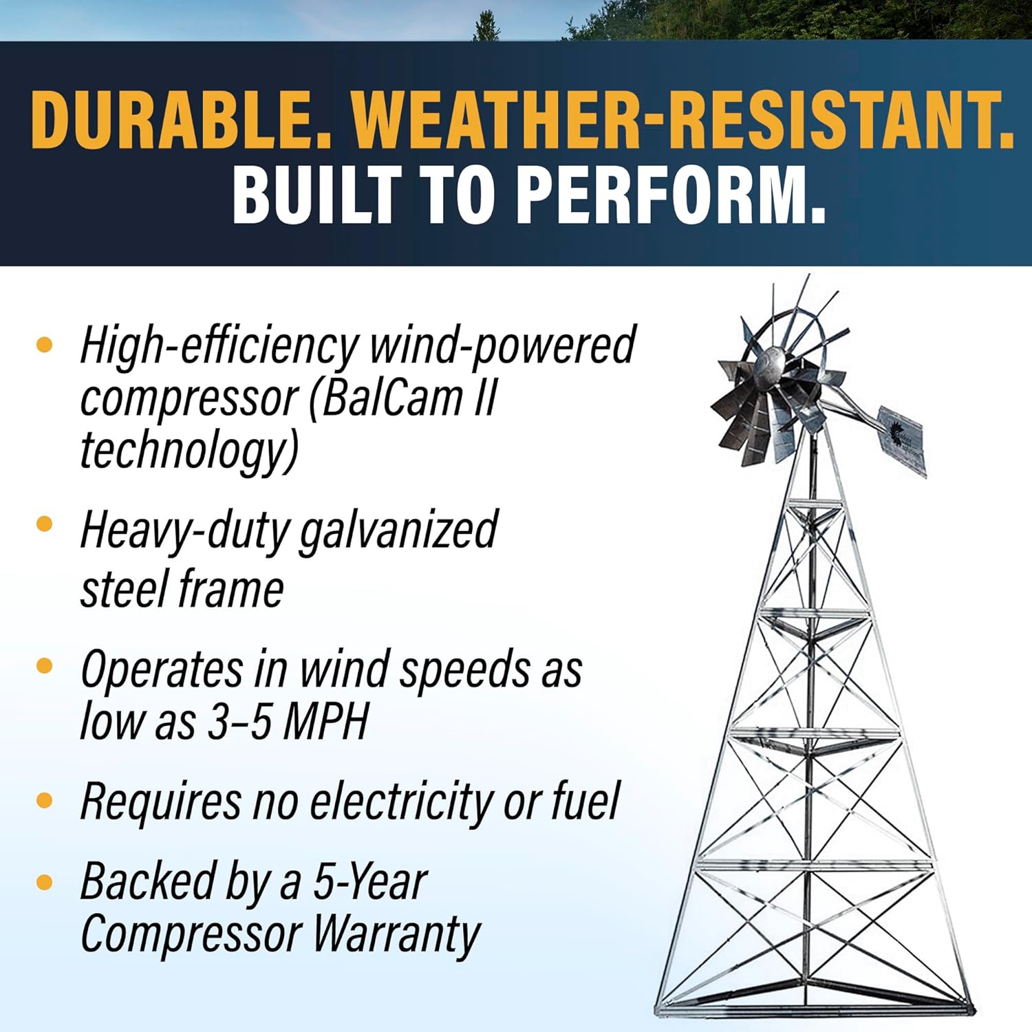 Outdoor Water Solutions AWS0011 12-Foot Windmill Pond Aerator – Galvanized 3-Legged Aeration System – 4.5 CFM Output – BalCam Technology – Aerates Ponds Up to 1 Acre