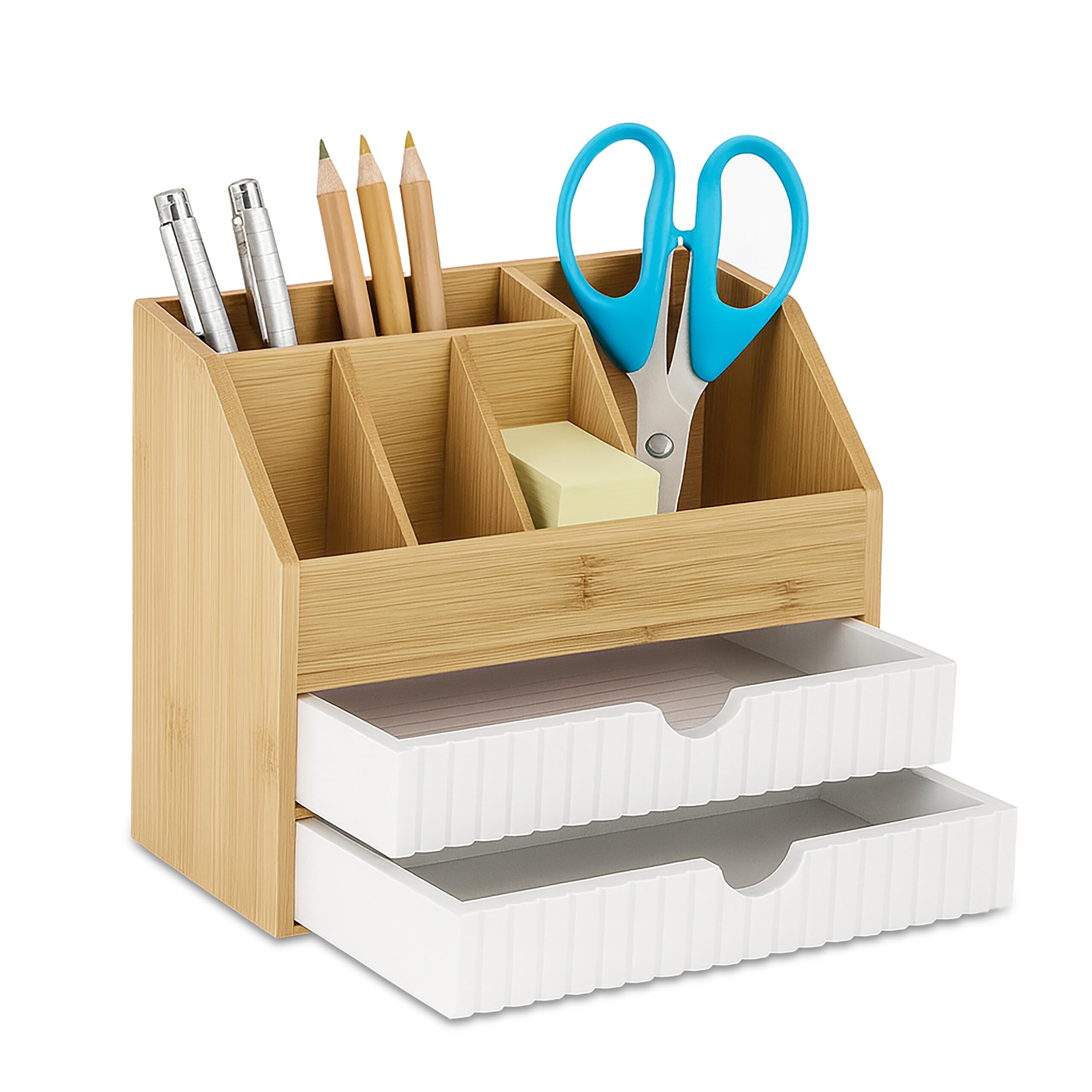 Organisateur de bureau Relaxdays en bambou et MDF avec tiroirs, 19x24x14 cm