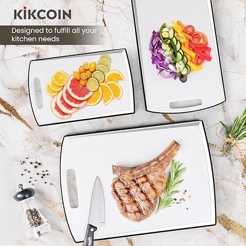 Miniatura 4 de Kikcoin Tabla de cortar antideslizante, tablas de cortar de plástico extra grandes para cocina, aptas para lavavajillas, juego de 3 con ranuras para