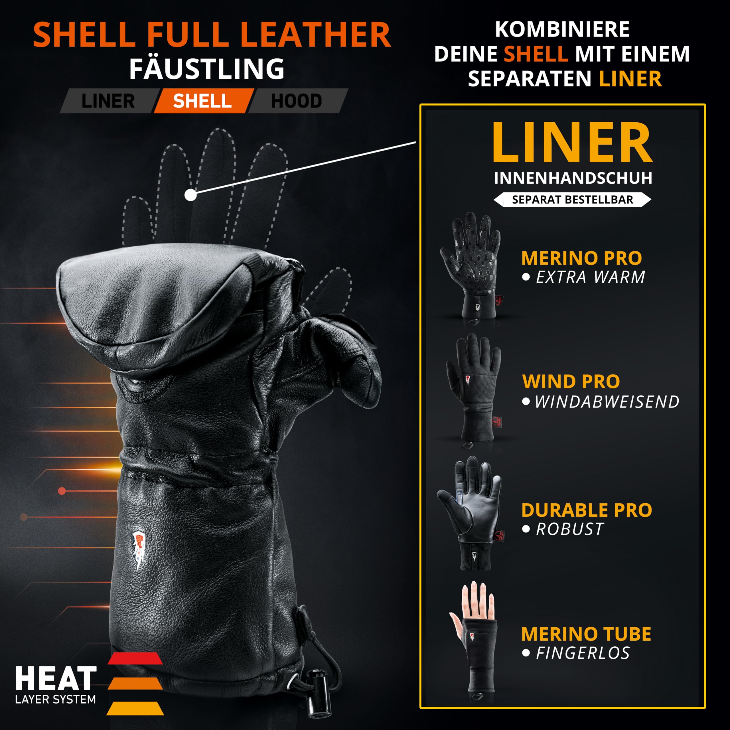 THE HEAT COMPANY Shell Full Leather Handschuhe - Die Innovation: Extra warme Leder Fäustlinge zum Umklappen - Winterhandschuhe - Skihandschuhe: Damen, Herren - ohne Unterziehhandschuh