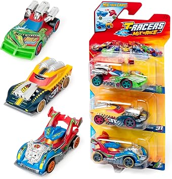 T-RACERS Mix  N RACE 3 Pack   Pack of 3 collectible cars. Each car can be split in two with interchangeable parts and wheels. Pack 7/12