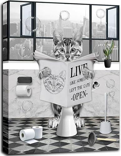 PIMULSAA Póster de periódico divertido de lectura de gato sentado en el inodoro, arte de pared para inodoro y baño (enmarcado, 12 x 16 pulgadas)