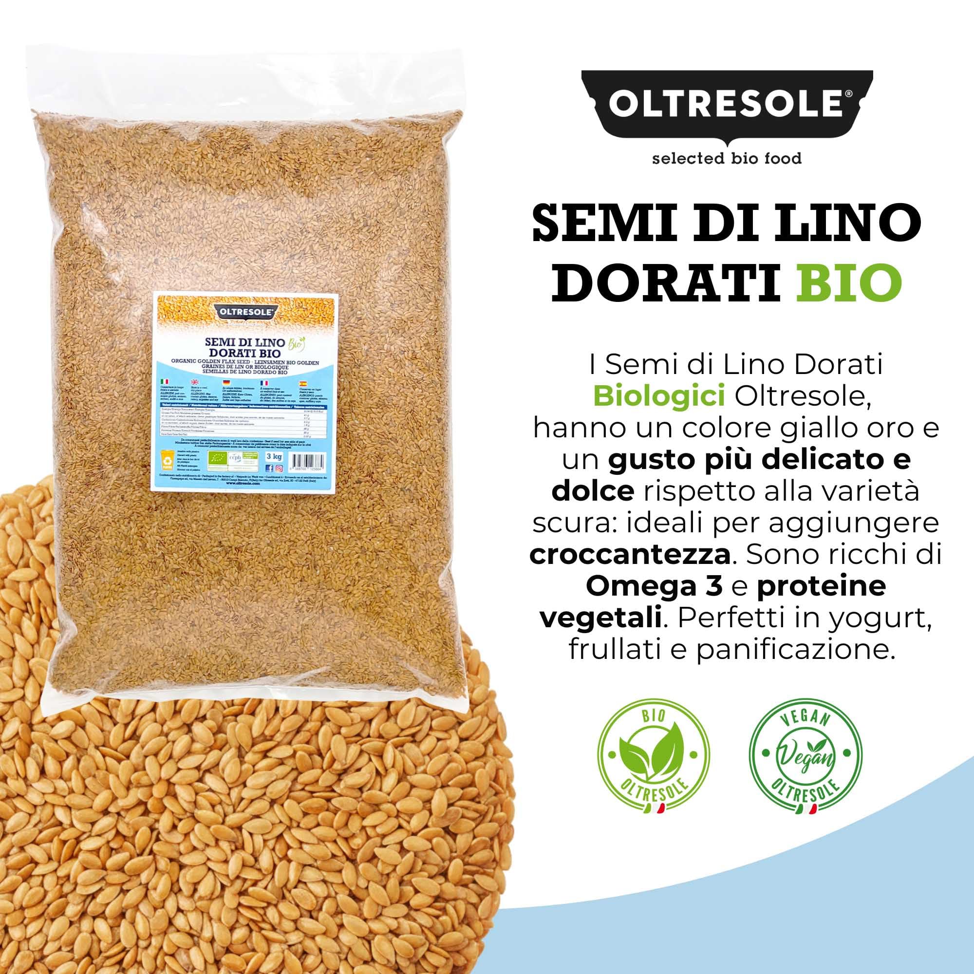 Oltresole, Semi Biologici di Lino Dorati 3 kg, Semi Oleosi Crudi, Interi e Chiari, Ricchi di Minerali e Fibre, Fonte di Omega 3 e Antiossidanti, 100% Naturali, Confezione Ideale per Famiglie