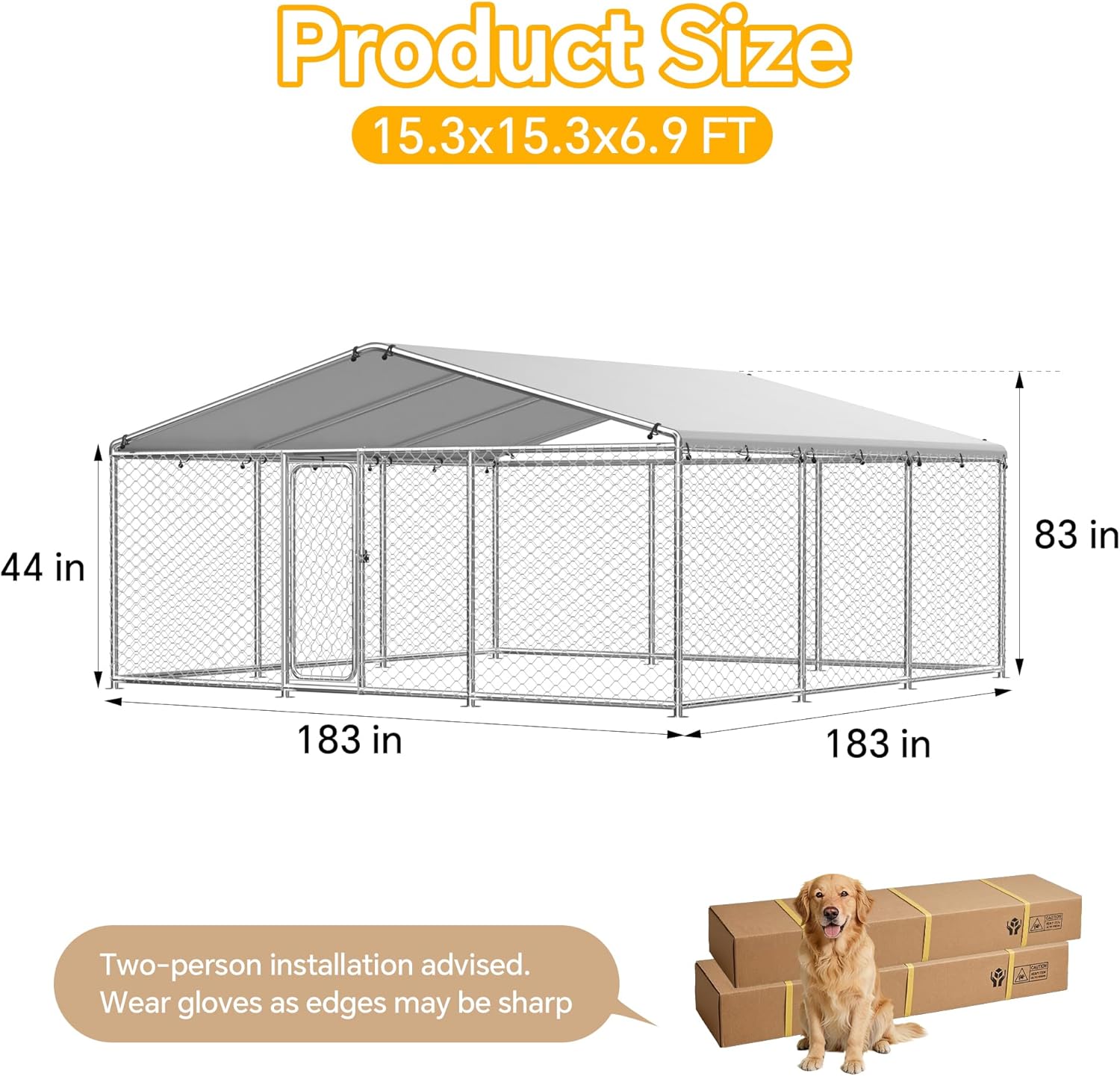 15.3x15.3 FT Large Outdoor Dog Kennel Outside,Heavy Duty Dog Enclosure with Waterproof Cover Roof and Security Lock(183.1x183.1x83.1in)