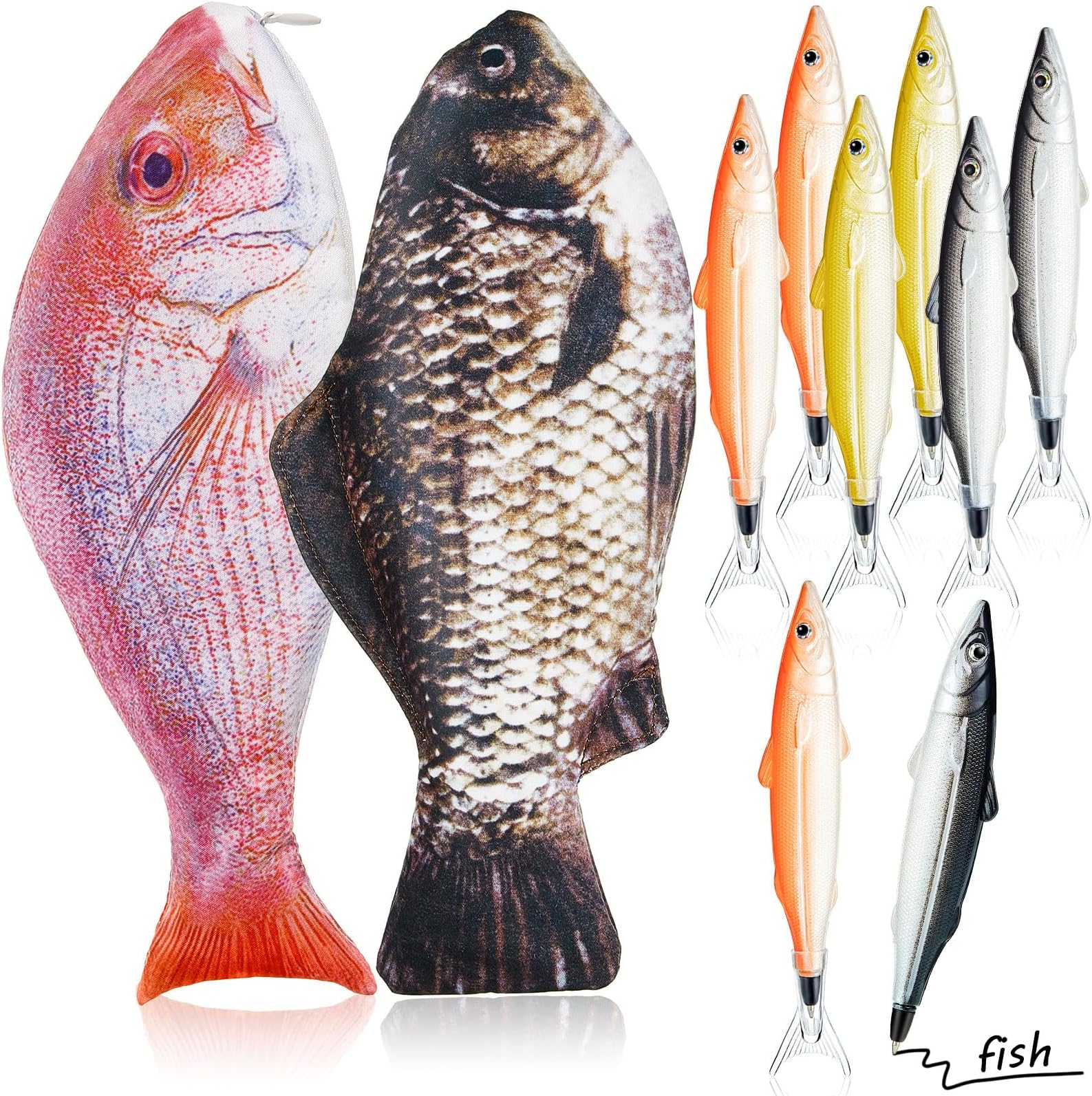 2 Pcs Fish Shaped Pencil Case Interesting Fish Pen Bag Funny Pencil Pouch Coin Purse with Padded Thick Foam Lining and 8 Pcs Cute Pens for Office Home(Black and Red,Novel)