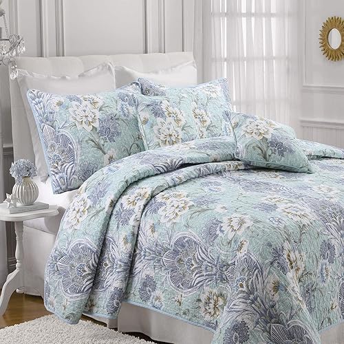Miniatura 7 de Cozy Line Home Fashions Jasmine Floral - Juego de ropa de cama reversible 100% algodón, colcha (jarrón de porcelana, King, 3 piezas)