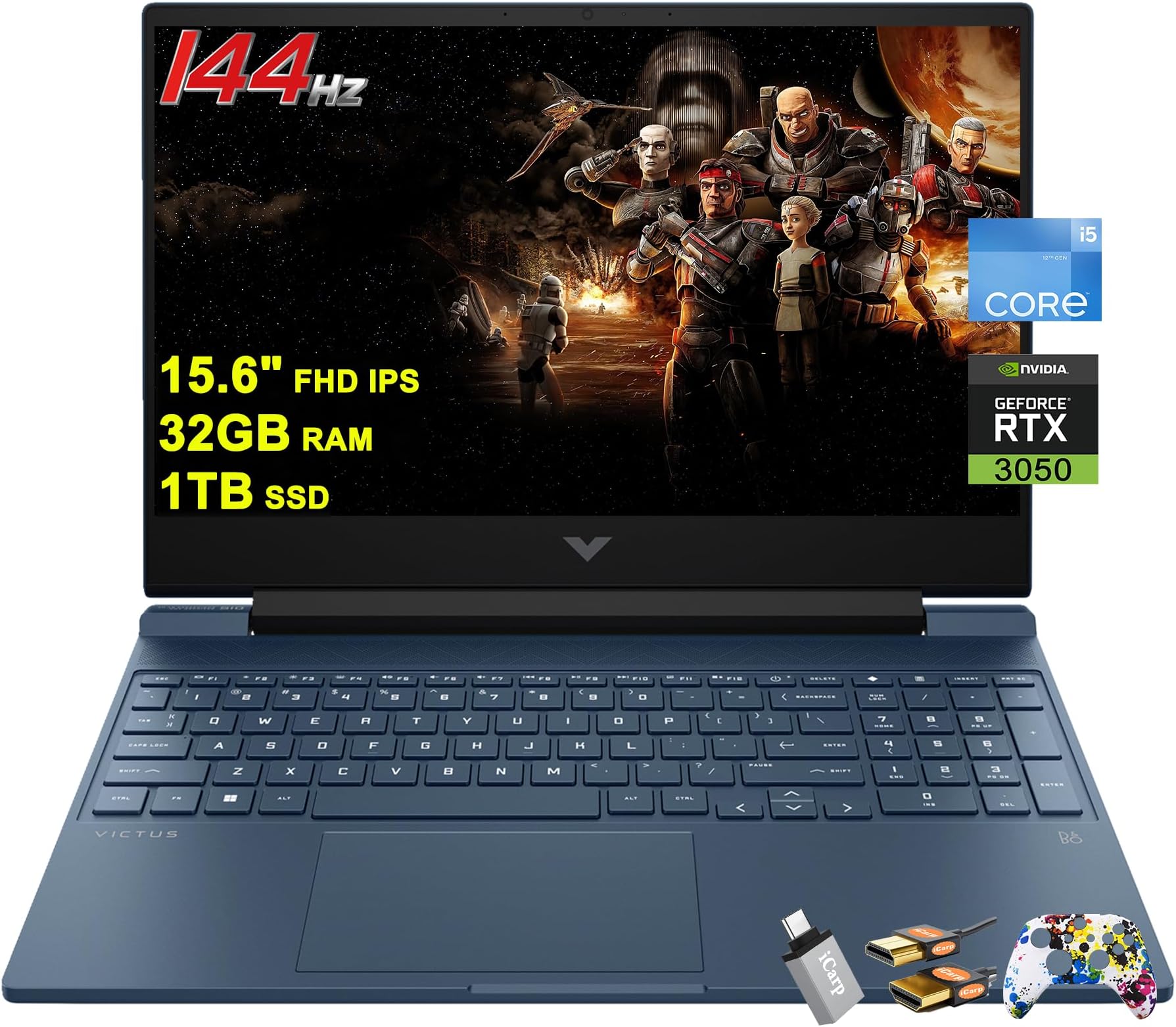 HP Victus 15 Gaming Laptop 15.6" FHD IPS Anti-Glare 144Hz Intel 8 Core i5-12450H (Beat i7-11800H) 32GB RAM 1TB SSD GeForce RTX 3050 Backlit B&O Fast Charging Win11 Blue with ICP Accessories