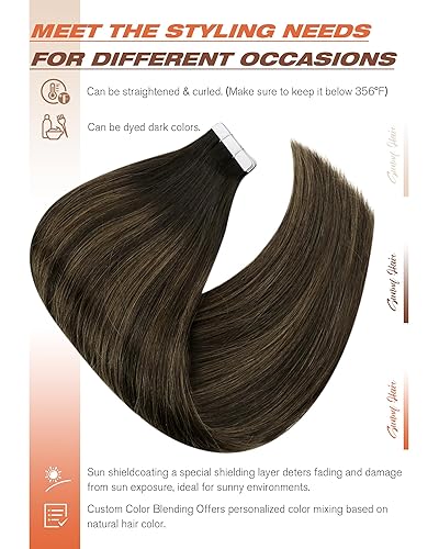 Miniatura 4 de Sunny Hair Extensiones de cabello humano con cinta adhesiva, sin costuras, de 16 pulgadas, color marrón oscuro, balayage, marrón medio con reflejos,