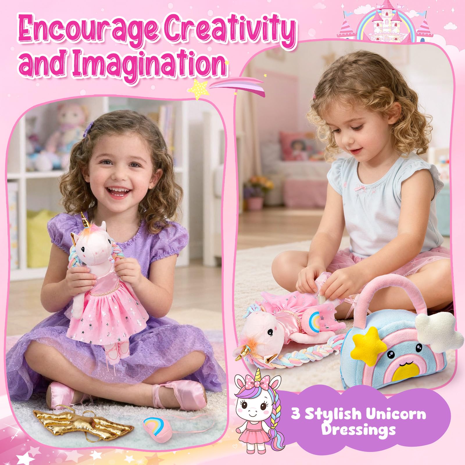 Peluche Unicorno Bambina Regalo, 43cm Peluche Unicorno Giocattolo Set con 3 Cambio di Vestiti & Borsetta, Unicorno Bambola da Vestire Compleanno Natale Regalo per Bambina 3 4 5 6 7 8 Anni
