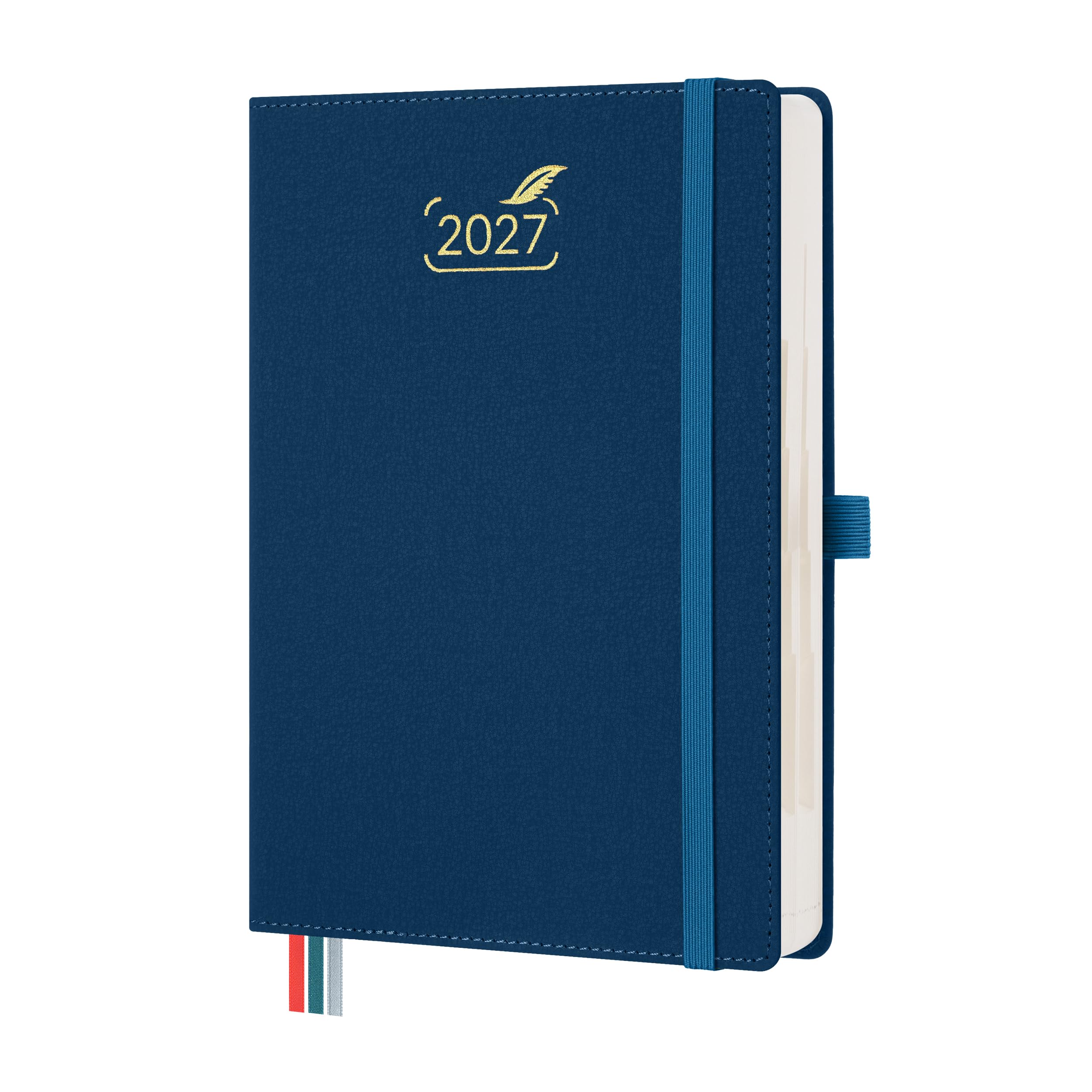 BEZEND 2027 Diary A5 Page A Day even Weekends with Dual Schedule. 2-Column Daily Planner for Work-Life Balance. Appointment Diary with Monthly Tabs, Inner Pocket, PU Leather Hardback, Prussian Blue