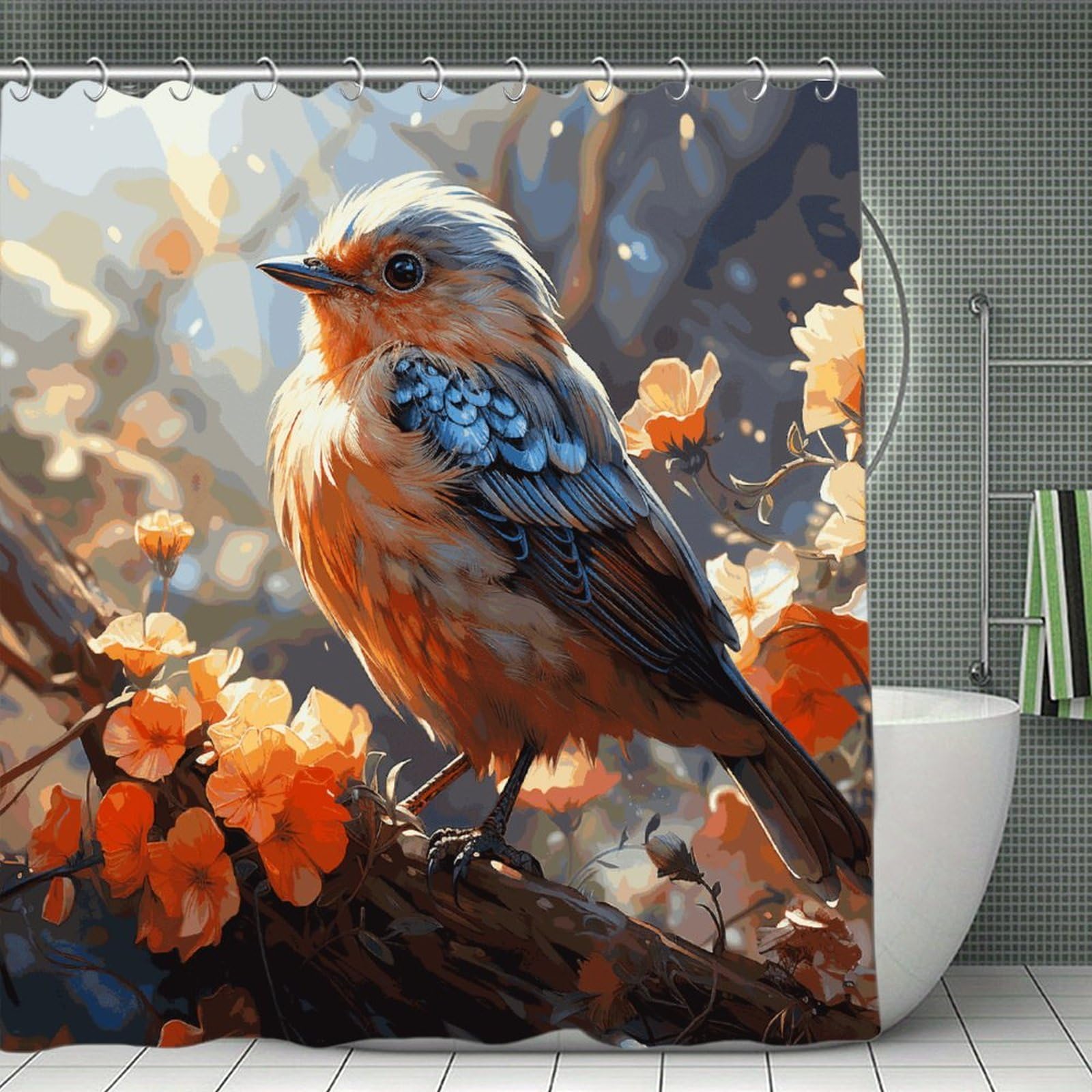 FekiLoot Flowers and Birds Shower Curtain with Hooks Modern Farmhouse Bathroom Curtain Waterproof Cloth Bath Curtains Cute Washable Blackout Privacy Curtains for Bathroom Bathtub 70.8"x70.8"